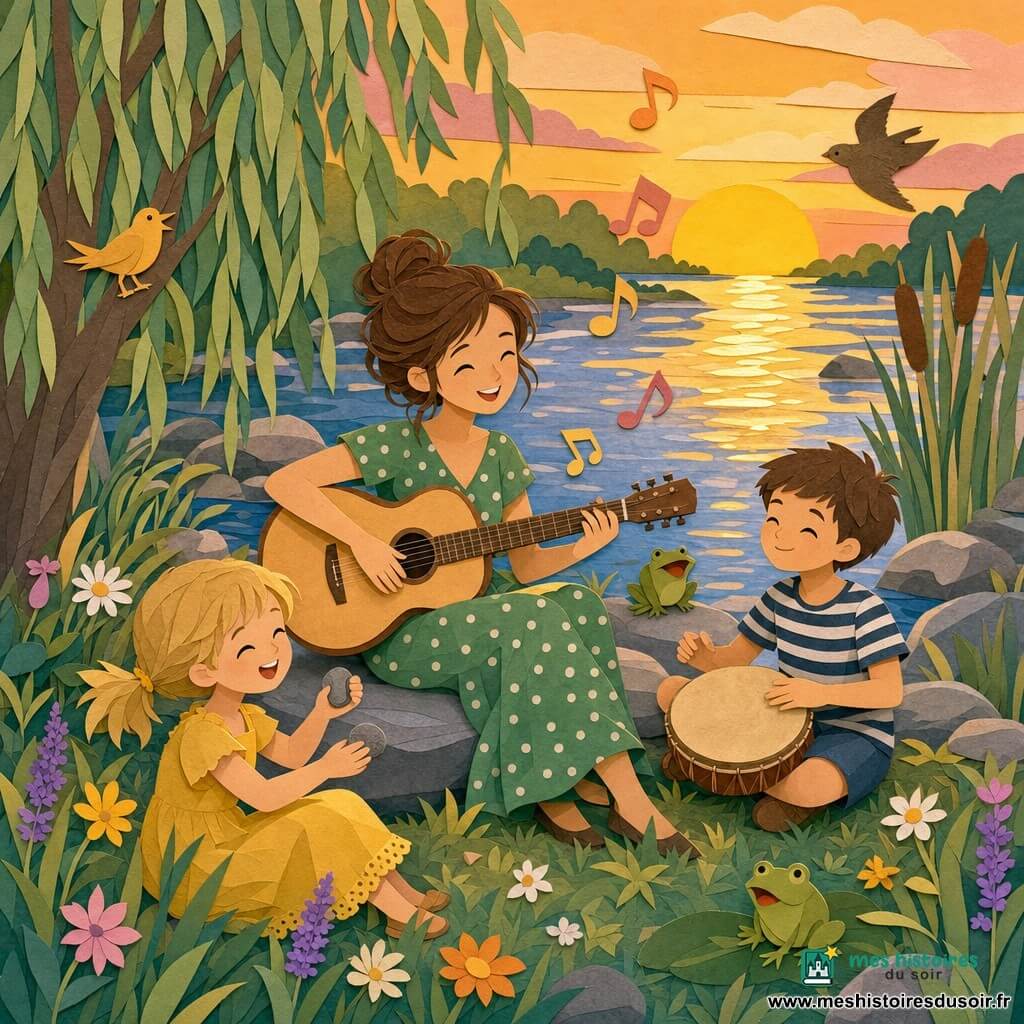 Lina, musicienne au sourire doux, châtain en chignon flou et robe verte à pois, est assise sur un rocher au bord d’une rivière printanière en train de gratter une guitare en bois clair; à sa droite Timothée, ~9 ans, t-shirt rayé, joue doucement d’un petit tambour, et devant elles Léa, ~7 ans, en robe jaune et couettes blondes, fait tinter des galets dans l’herbe verte parsemée de fleurs sauvages; décor de berge avec rochers lisses, roseaux et un saule pleureur à gauche, eau scintillante aux reflets dorés du couchant, ambiance joyeuse et intime d’un petit concert improvisé, avec notes de musique, grenouilles et oiseaux stylisés en silhouettes découpées et textures papier superposées aux bords ciseaux visibles.