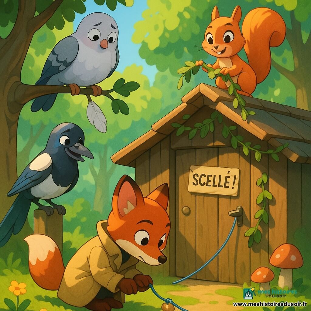 Léo, petit renard roux au museau blanc et à la queue touffue, porte un imper beige trop grand, tient un carnet spirale et un crayon et, accroupi devant la porte en bois d’une cabane, examine une ficelle bleue nouée à un gland doré marquant le scellé de la salle de réunion; Alba, colombe blanche et grise, perchée sur une branche au‑dessus de la cabane, paraît timide en tenant une plume blanche; Rosalie, pie noir et blanc aux reflets bleutés, sourit malicieusement sur un poteau avec un petit miroir; Lila, écureuil orange aux yeux pétillants, est sur le toit avec une guirlande de feuilles; la clairière du Bois‑des‑Songes est lumineuse, herbe verte et fleurs, champignons rouges et arbres noueux, et l’ambiance est douce et rassurante pour cette enquête matinale amicale.
