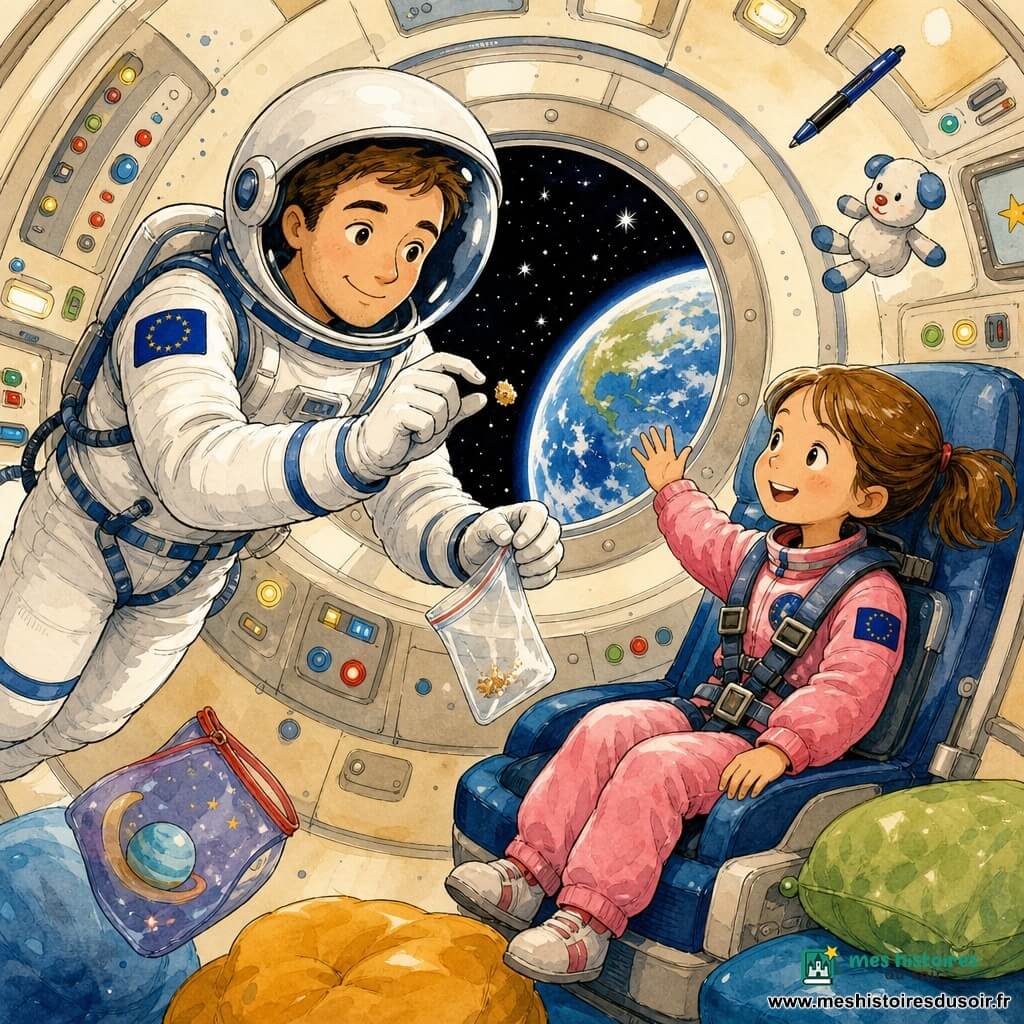 Un astronaute d'une trentaine d'années au visage doux et souriant, casque blanc brillant et combinaison blanche à liserés bleus, flotte légèrement en attrapant une miette qu'il glisse dans un petit sachet transparent; à sa droite, Sara, 7 ans, cheveux châtains en couette et combinaison spatiale rose, est assise et attachée, sourit et fait signe vers le hublot; la cabine ronde aux cloisons crème, boutons colorés et coussins moelleux montre par le hublot une Terre bleue et verte et un ciel étoilé; des objets légers flottent (stylo, jouet, sac) et les lumières douces créent une ambiance tendre, calme et rassurante.