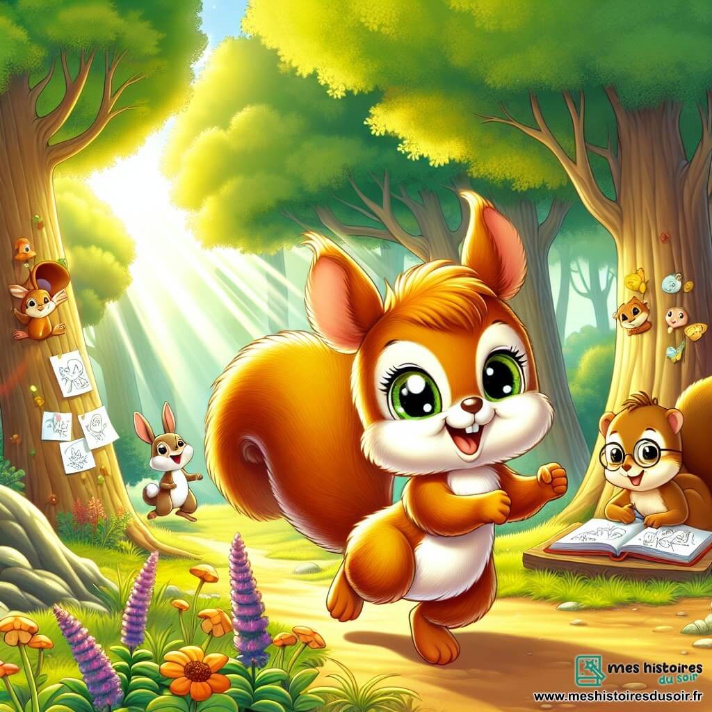Illustration d'un petit écureuil au pelage brun doré, aux grands yeux pétillants et à la queue touffue, exprimant curiosité et excitation en sautillant joyeusement dans une clairière ensoleillée, entourée de grands arbres aux feuilles vertes. Près de lui, un jeune lapin aux longues oreilles blanches, enthousiaste et souriant, l'observe sur ses pattes arrière. Un peu plus loin, une taupe avec des lunettes rondes et un visage amical, se penche pour dessiner dans un petit carnet, affichant une expression concentrée et joyeuse. La clairière magique, entourée de chênes et de buissons fleuris, laisse passer la lumière du soleil, créant un jeu d'ombres et de lumières sur le sol couvert de fleurs sauvages et de feuilles dorées. L'écureuil découvre l'école des bois pour la première fois, prêt à se faire des amis et à apprendre, tandis que les autres animaux l'accueillent avec joie. Des dessins colorés accrochés aux arbres représentent les souvenirs de vacances des élèves, et des livres ouverts sur une souche d'arbre symbolisent l'apprentissage.