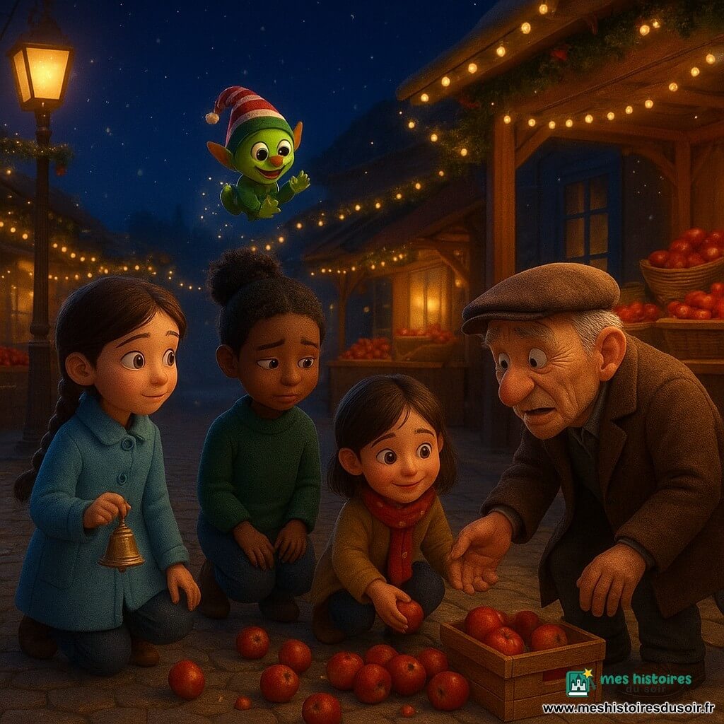 Six personnages dans une rue pavée de marché la nuit devant une boutique aux volets bleus décorée pour Noël : Lila (≈9 ans, nattes brunes, manteau bleu ciel) tient une petite clochette en laiton à gauche en regardant le centre; Anouk (≈9 ans, carré blond, veste rouge) est accroupie à gauche en ramassant des pommes; Maly (≈9 ans, chignon noir, pull vert) se tient au centre, gênée, près d’une pile de pommes renversées; Zoé (≈9 ans, châtain, en fauteuil roulant, écharpe à pois) est à droite du centre, tendant la main pour aider; Monsieur Grinchelot (≈70 ans, manteau marron, casquette plate) est penché devant une caisse de pommes tombées, l’air surpris qui se détend; un petit lutin vert au bonnet rayé vole près d’un lampadaire en riant et applaudissant, laissant des étoiles. L’éclairage chaud des lampadaires contraste avec le ciel bleu nuit, étals en bois, paniers et guirlandes; atmosphère chaleureuse, légèrement comique, scène de pagaille après une farce où les enfants aident à réparer les dégâts.