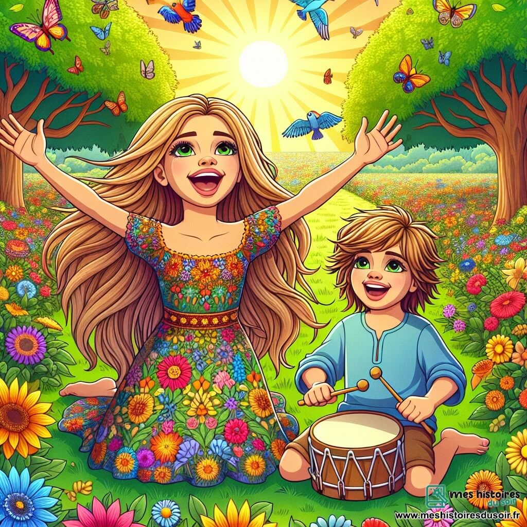 Mélodie, une jeune femme aux longs cheveux dorés et au sourire éclatant, se tient au centre d'un parc ensoleillé, les bras ouverts, chantant joyeusement. Elle porte une robe colorée ornée de fleurs. À ses côtés, Léo, un petit garçon d'environ 8 ans aux cheveux bruns en bataille, joue avec un tambour, captivé par sa voix. Le parc est rempli de fleurs multicolores et d'arbres majestueux, tandis que des oiseaux et des papillons ajoutent une touche de magie à la scène. Ensemble, ils créent une belle mélodie, entourés par la nature vibrante.