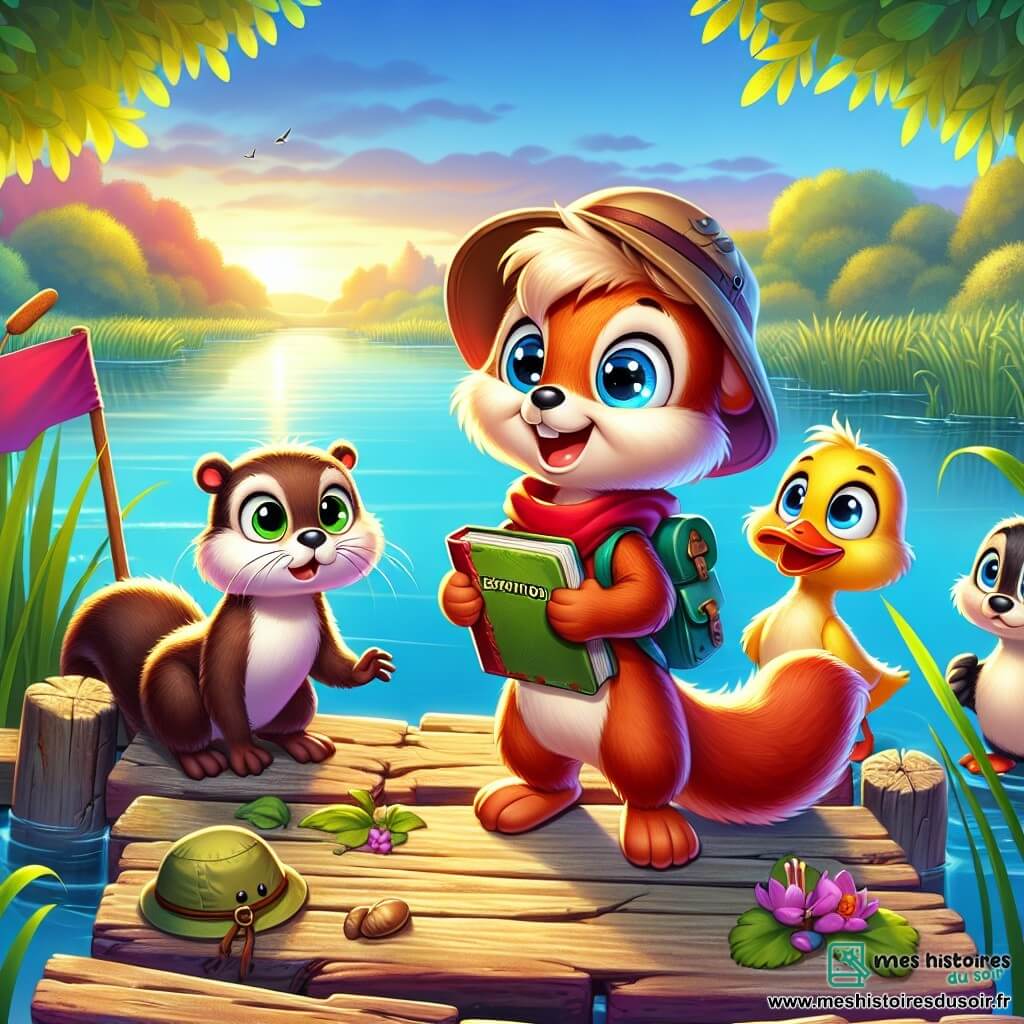 Émile l'écureuil, un petit rongeur aux yeux pétillants et à la queue touffue, se tient sur un vieux ponton, souriant d'excitation avec un carnet d'expédition sous son bras. À ses côtés, Lucie la loutre, curieuse, se penche en avant, ses petites pattes sur le bord. Arthur le canard, au plumage jaune vif, observe avec étonnement, tandis que Bertille, la canne femelle à plumes blanches, sourit, prête à partager la place. Le ponton en bois usé est entouré de roseaux et d'une mare scintillante sous le soleil couchant, créant une ambiance magique. Émile et ses amis, rassemblés autour d'un fanion coloré planté dans la mousse, célèbrent leur amitié et leur esprit d'aventure dans une atmosphère de rires et d'émerveillement.
