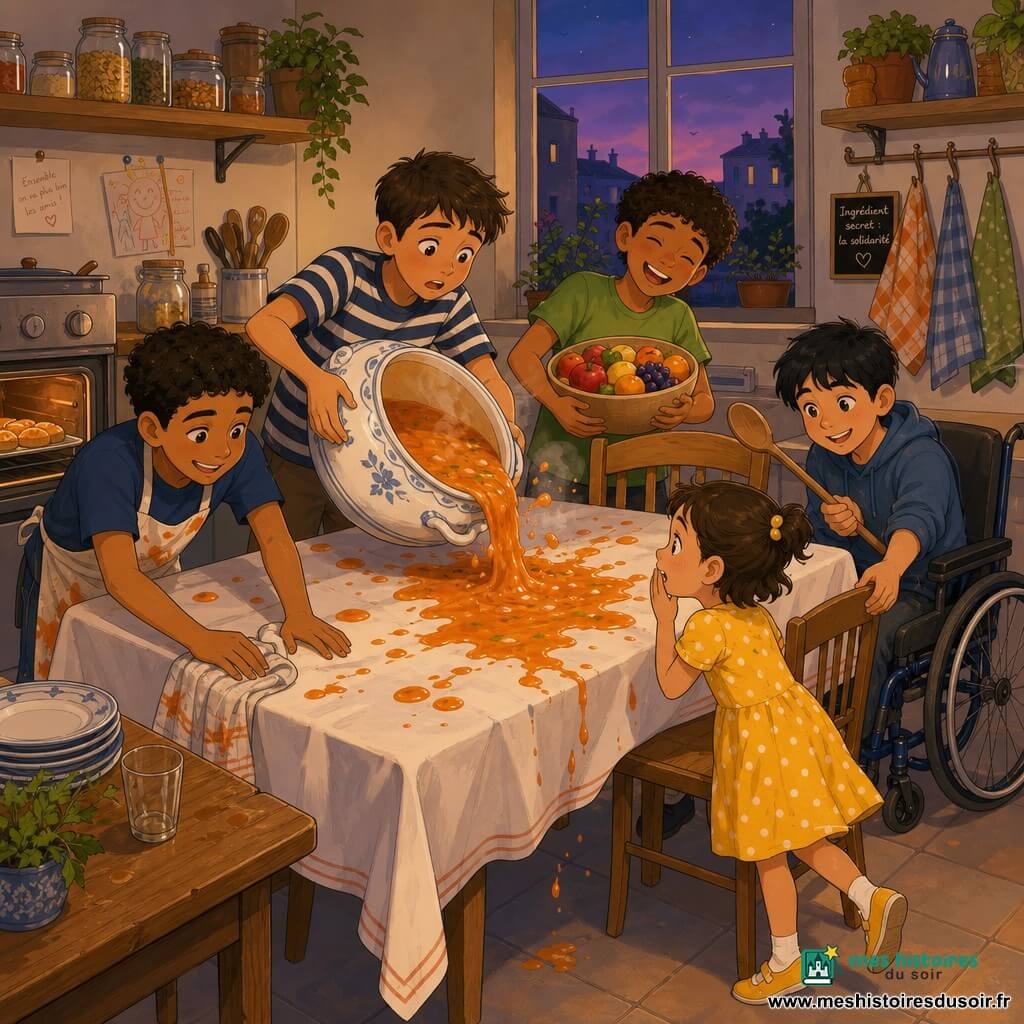 Cinq enfants dans une petite cuisine chaleureuse : Samir (≈12 ans, cheveux bruns courts, t-shirt rayé) tient une grande soupière fumante qui bascule au centre de la table; Lina (6 ans, petites couettes, robe jaune à pois) est au premier plan à droite, sur la pointe des pieds, main devant la bouche; Nassim (10 ans, peau mate, tablier taché) essuie la nappe à gauche; Yanis (10 ans, cheveux bouclés, t-shirt vert) tient un saladier de fruits en riant derrière la table; Ilyès (10 ans, cheveux noirs, en fauteuil roulant à l’arrière-droite) tend une chaise et une grande cuillère en bois vers Lina; la nappe blanche est tachée d’une grosse éclaboussure orange, la lumière du crépuscule filtre par une fenêtre basse, étagères et four ouvert complètent la scène tandis que les enfants, inquiets mais solidaires, s’activent pour nettoyer.
