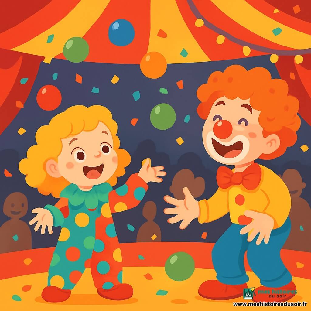 Une petite fille de 4 ans, aux cheveux bouclés et dorés, porte un costume de clown coloré avec des pois multicolores. Elle sourit joyeusement en jonglant avec des balles colorées, certaines s'échappant de ses mains. À ses côtés, Rigolino, un clown jovial d'environ 30 ans avec un nez rouge et une grande perruque bouclée, rit en essayant d'attraper une balle. Ils sont sous un grand chapiteau aux rayures rouges et jaunes, rempli de lumières scintillantes et de spectateurs émerveillés. La scène dégage une ambiance festive avec des confettis flottant dans l'air et des rires résonnant autour d'eux.