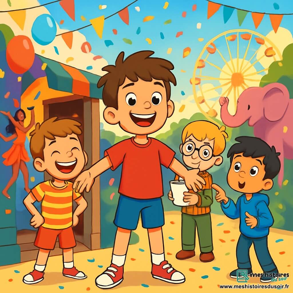 Quatre enfants se tiennent sur une place centrale animée. Léo, 10 ans, avec des cheveux bruns en bataille et un t-shirt rouge, est au centre, enthousiaste. Max, 9 ans, avec des lunettes et une chemise à carreaux, est en retrait avec un carnet. Tom, 10 ans, à gauche de Léo, rit avec un t-shirt rayé, tandis qu'Hugo, 9 ans, à droite, pointe vers un éléphant rose. La place est décorée de guirlandes et de ballons, avec des artistes dansants et des confettis. Ils découvrent un passage secret derrière une échoppe, prêts à entrer dans un monde fantastique rempli d'animaux extraordinaires.