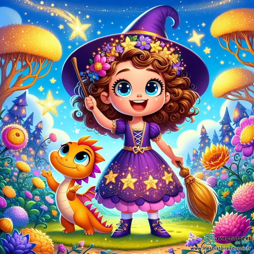 Au centre de l'image, une petite sorcière nommée Clara, six ans, sourit émerveillée. Elle a de longs cheveux bouclés et porte une robe violette ornée d'étoiles dorées. Clara tient un balai magique et un pétale de rose dorée, ses yeux pétillants de joie. À ses côtés, un petit dragon nommé Flamme, aux écailles orange vif et ailes brillantes, vole joyeusement. Leur environnement est un jardin magique avec des fleurs colorées et des arbres aux troncs dorés, sous un ciel bleu parsemé de nuages. Clara et Flamme célèbrent la découverte du pétale de rose dorée, entourés d'une aura de magie scintillante.