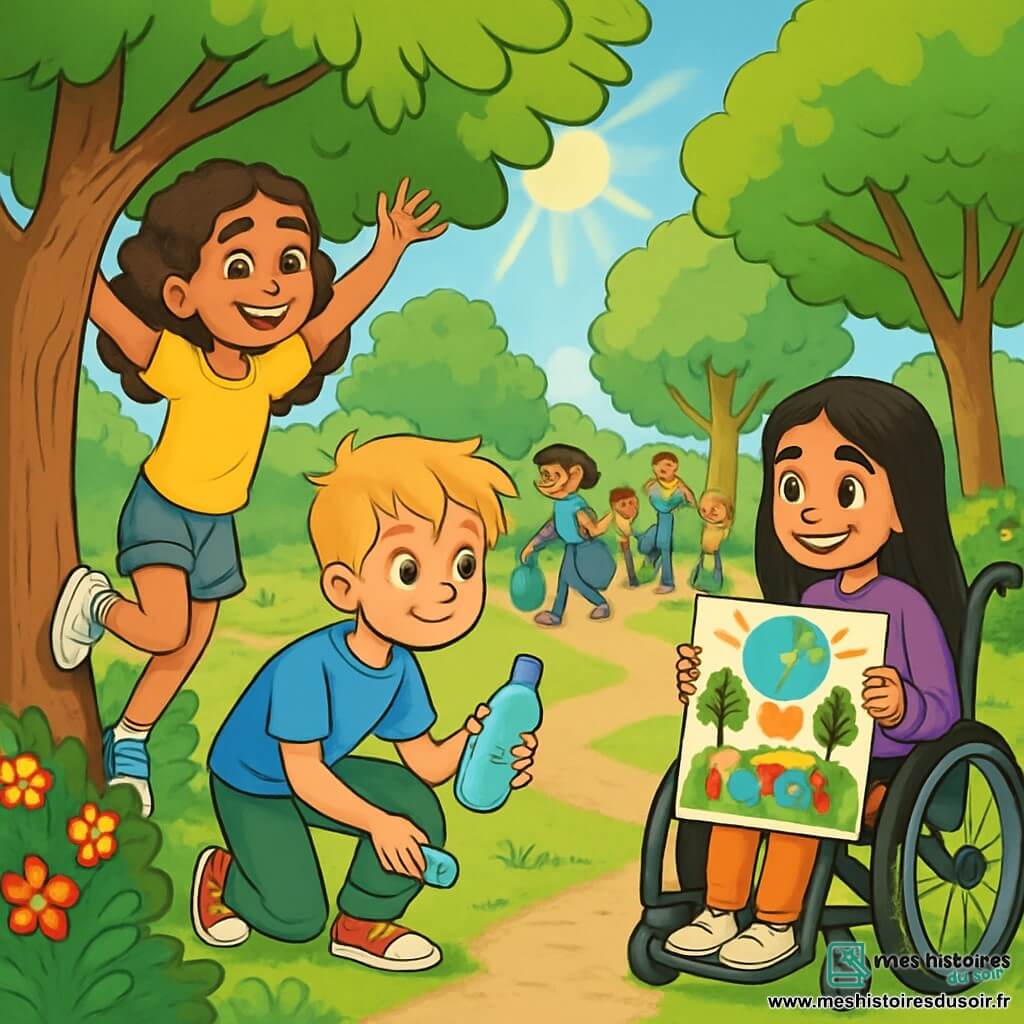 Trois personnages sont présents : Léa, une fille de 10 ans avec des cheveux bouclés et bruns, souriante en grimpant à un arbre ; Tom, un garçon de 9 ans aux cheveux blonds en bataille, accroupi près d'un buisson avec une bouteille en plastique ; et Samira, une fille de 11 ans dans son fauteuil roulant, tenant une affiche sur la protection de l'environnement, entourée d'enfants attentifs. L'action se déroule dans un parc verdoyant, où les amis et d'autres enfants nettoient ensemble, créant une atmosphère joyeuse et dynamique.