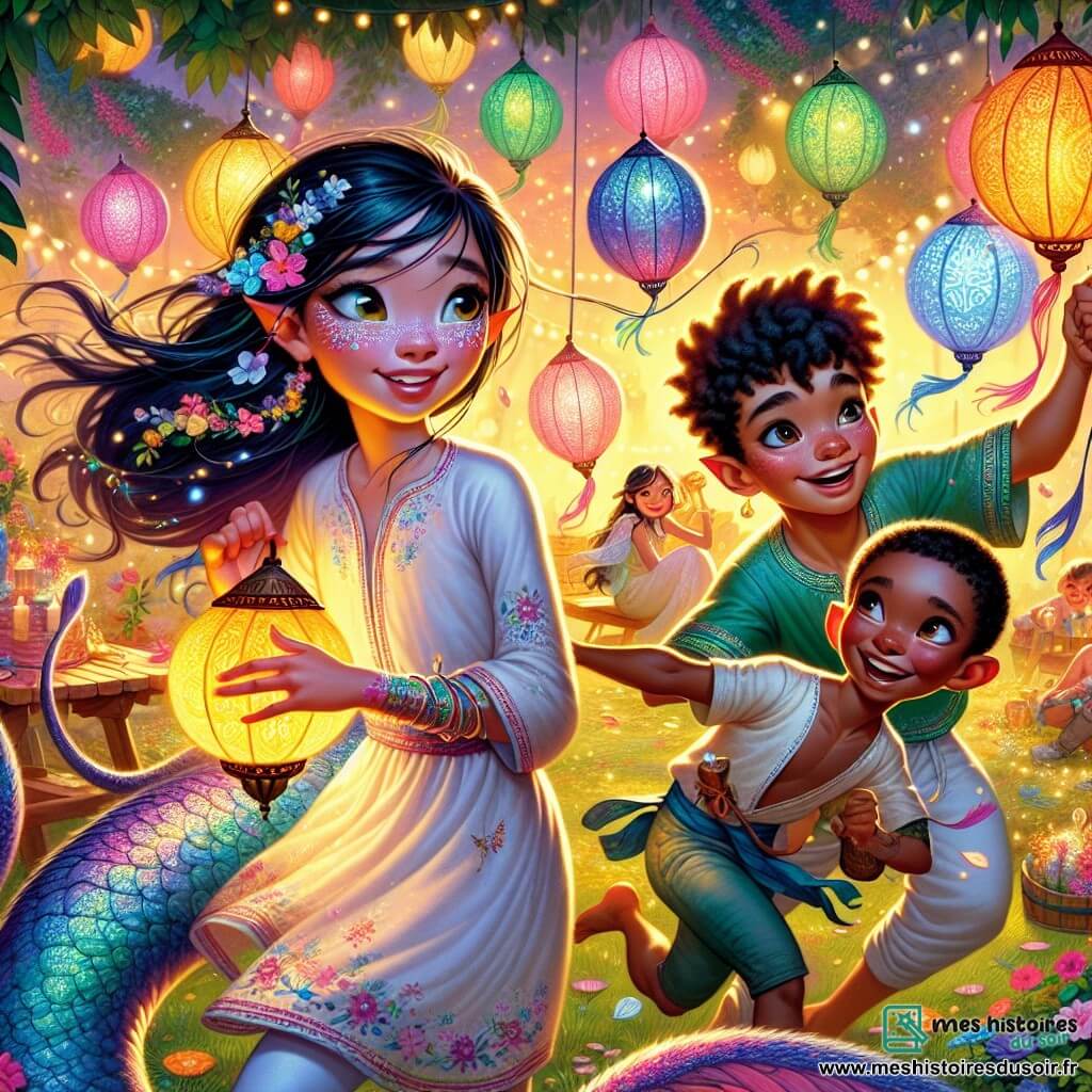 Louna, une jeune fille aux yeux pétillants et à la peau couverte de minuscules écailles irisées, sourit en tenant un lampion coloré. Elle porte une tunique estivale légère ornée de fleurs, et sa queue souple ajoute une touche magique à son apparence. À ses côtés, Éliot, un garçon aux oreilles pointues et à la peau légèrement brillante, rit en tenant un cerf-volant coloré, ses cheveux flottant au vent. Malo, son petit frère avec des joues roses et des yeux brillants, court en tenant un trésor trouvé lors de la chasse au trésor. Le décor est un jardin enchanteur rempli de lampions illuminés, de nappes fleuries et de guirlandes de fleurs. La scène est baignée d'une lumière dorée, créant une atmosphère festive. Louna, Éliot et Malo préparent une grande fête d'été, célébrant l'amitié et la créativité sous un ciel bleu éclatant.