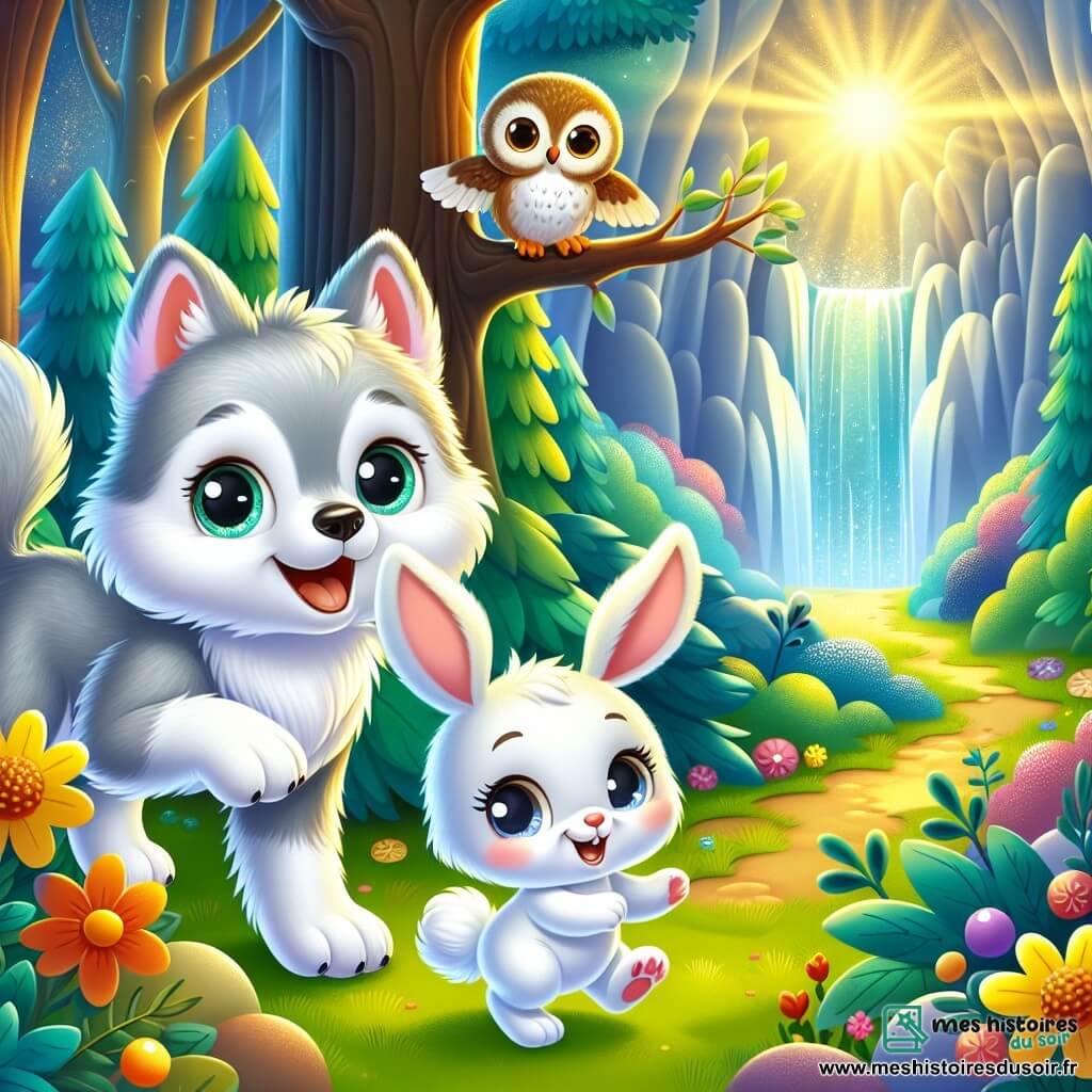 Un loup nommé Loulou, au pelage doux et argenté, se tient au centre de la scène, souriant avec enthousiasme. À ses côtés, un petit lapin blanc nommé Petit saute joyeusement, tandis qu'une chouette aux plumes brunes et dorées les observe. La scène se déroule dans une forêt magique avec des arbres colorés et des fleurs brillantes sous le soleil. Loulou, Petit et Hoot découvrent une grotte mystérieuse, entourée de pierres scintillantes, prêts à entrer, remplis d'excitation.