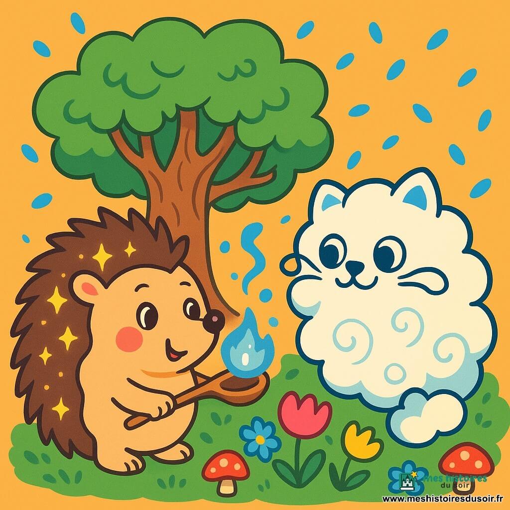 Un hérisson nommé Pipo, avec des piquants brillants et des yeux curieux, souffle doucement sur une braise bleue dans une louche en bois. Sourire joyeux, ses joues sont gonflées d'effort. À ses côtés, Fumée, un chat-chat magicien moitié nuage, moitié drôle, avec des moustaches en rubans, le regarde avec bienveillance. Le Grand Arbre majestueux se dresse derrière eux, entouré de fleurs colorées et de champignons dansants. Des pétales bleus tombent comme des confettis, créant une atmosphère joyeuse et magique alors que Pipo tente de faire briller la braise.