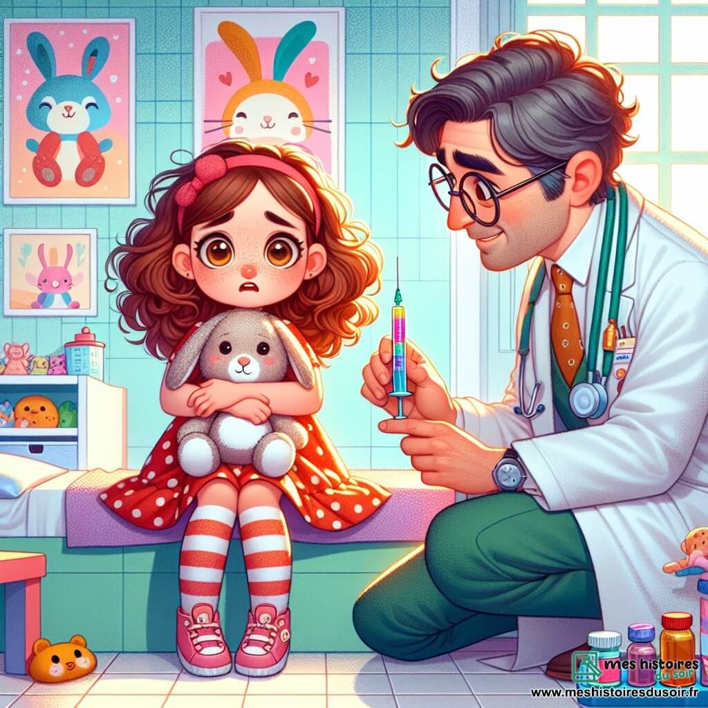 Zoé, une petite fille de 8 ans aux cheveux châtains et bouclés, porte une robe à pois rouges et des chaussettes rayées. Son visage montre une légère appréhension, elle serre son doudou lapin contre elle. À côté, le docteur Martin, un homme d’environ 40 ans en blouse blanche à motifs d'animaux, s'accroupit pour lui parler, tenant une seringue colorée. La scène se déroule dans un cabinet médical lumineux aux murs bleu pastel, avec des affiches d'animaux et des jouets colorés. Zoé, hésitante, se prépare à recevoir une piqûre, mais écoute le docteur qui lui raconte une blague pour la rassurer, créant une atmosphère chaleureuse et apaisante.