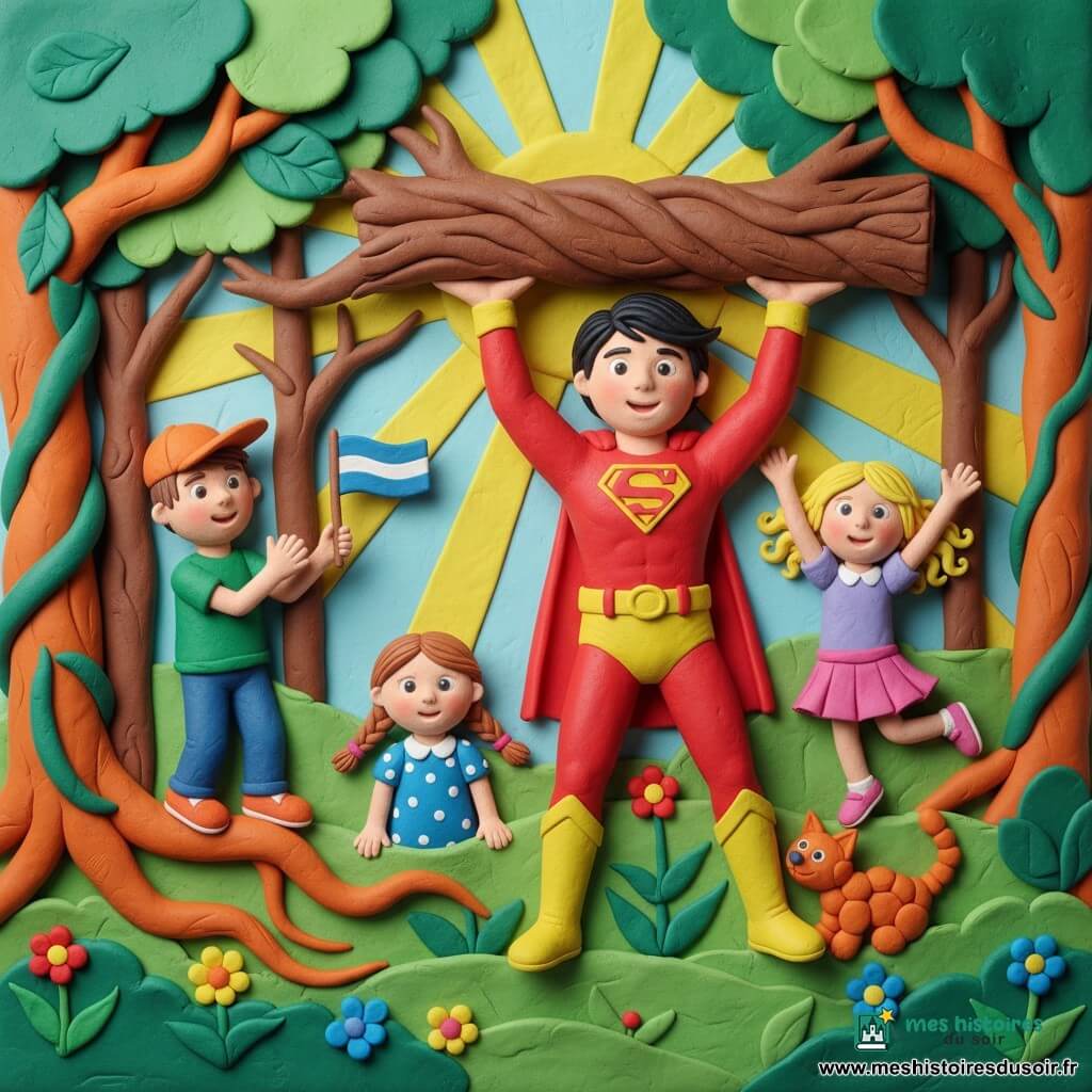 Un super-héros aux cheveux noirs en mèches, costume rouge et jaune brillant et expression rassurante soulève un tronc pour libérer une fillette d'environ 6 ans en robe bleue à pois blancs, cheveux châtain clair en nattes, visage soulagé ; un garçon de 7 ans en t-shirt vert et casquette orange applaudit en tenant un petit drapeau à gauche, une amie de 6 ans en jupe rose et cheveux bouclés saute de joie à droite, un petit chat roux se frotte à la jambe du héros ; la scène se déroule dans une forêt lumineuse aux troncs torsadés et herbe texturée, atmosphère chaleureuse, couleurs vives et formes simples adaptées aux tout-petits.