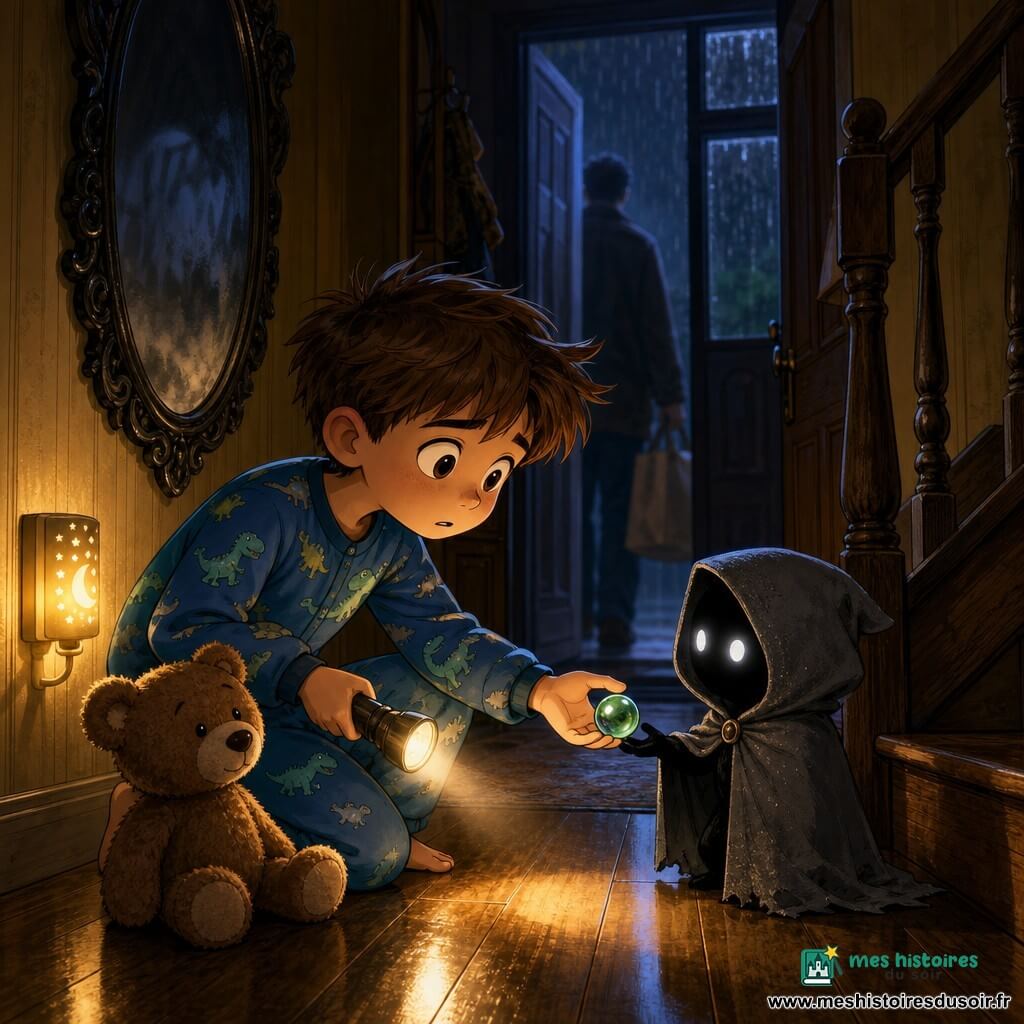 Un garçon de 8 ans, cheveux bruns en bataille, pyjama bleu à dinosaures, tient une lampe torche et tend une bille verte à une petite silhouette sombre non humaine, taille d’un chat, coiffée d’une cape grise poussiéreuse, yeux argentés brillants; la scène nocturne, centrée sur leur échange dans un étroit couloir au parquet brillant, est éclairée en clair-obscur par une veilleuse chaude et la torche, avec pluie visible à travers la porte vitrée, un sac de courses flou suggérant la présence du père, un ours en peluche brun nommé Nestor près du garçon, un vieux miroir à cadre noir reflétant une buée aux lettres floues; ambiance légèrement inquiétante mais chaleureuse, textures marquées (bois, tissu), style manga enfantin aux traits nets et couleurs modérément saturées.