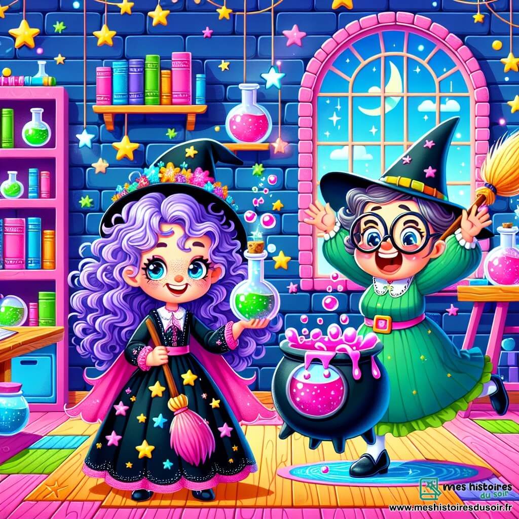Zouzou, une jeune sorcière aux cheveux bouclés et violets, porte une robe noire ornée d'étoiles scintillantes. Elle sourit malicieusement en tenant une potion pétillante. À côté d'elle, madame Cornichon, la directrice de l'école, glisse sur un balai dans une pose comique, prête à tomber dans un chaudron à gelée rose. Le décor est une salle de classe magique avec des murs en briques colorées et des étagères remplies de livres de sorts. Zouzou rit aux éclats tandis que les balais dansent autour d'elles, ajoutant une touche d'humour à cette scène ensorcelante.