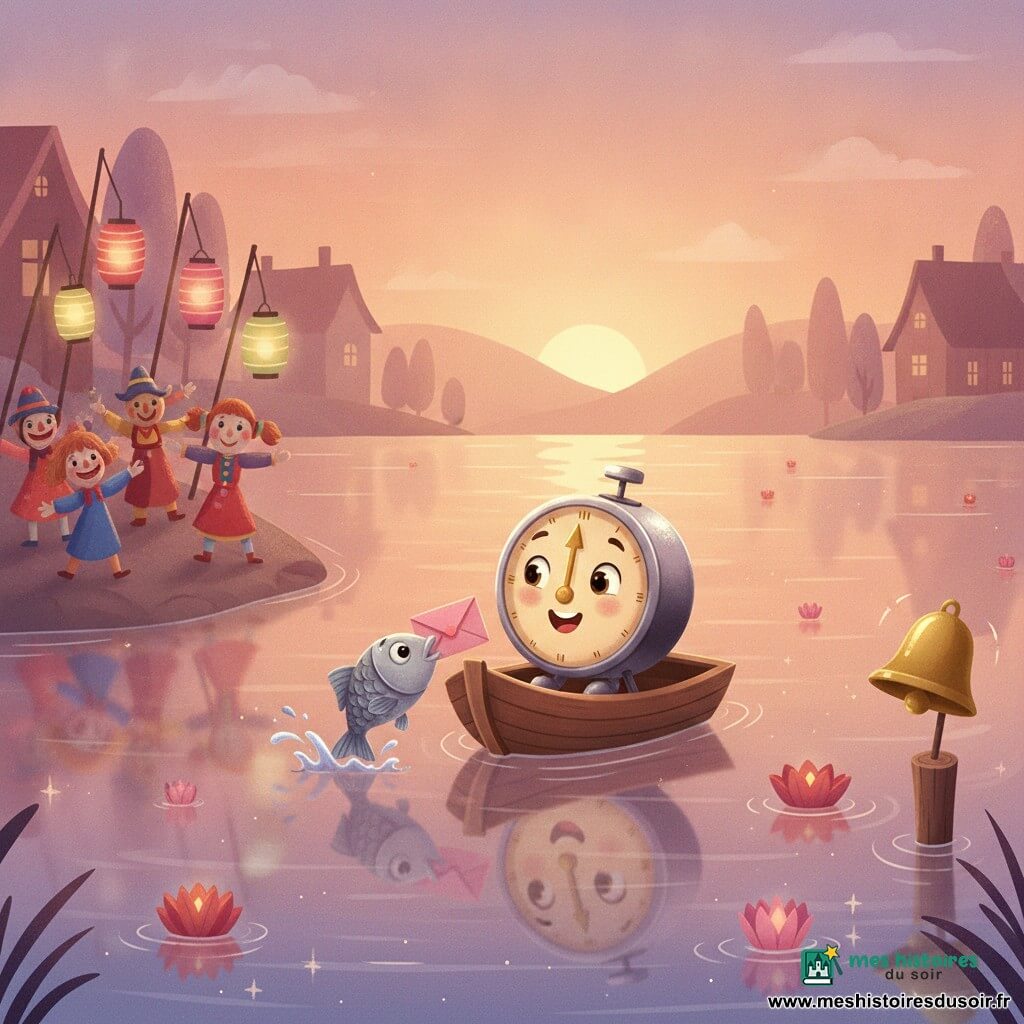 Tic-Tac, une petite horloge ronde en métal poli au visage souriant et aux aiguilles dorées, est assise sur un bateau en bois au centre du lac, regardant une lettre; un petit poisson argenté et joueur tient une enveloppe rose entre ses nageoires à côté du bateau; sur la rive gauche, des marionnettes colorées en tissu et bois dansent sous des lanternes, tandis qu’une petite cloche moutarde se balance sur un pieu à droite; le lac calme reflète un coucher de soleil orangé, rose et violet, avec des lanternes flottantes rouges et roses parsemant l’eau; en arrière-plan, silhouettes pastel de maisons, arbres et collines; ambiance chaleureuse, festive et tendre, centrée sur le bateau et la lettre.