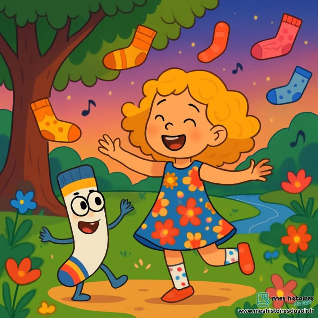Une petite fille de 8 ans, Zoé, aux cheveux bouclés et dorés, porte une robe à fleurs et des chaussettes à pois multicolores. Elle danse joyeusement sous un vieux chêne, accompagnée de Pipo, une chaussette animée qui fait des pirouettes. Le jardin enchanté, éclairé par la lumière du crépuscule, est rempli de fleurs colorées et d'une rivière scintillante. La scène montre Zoé et Pipo dansant ensemble, entourés de chaussettes dansantes, créant une atmosphère festive et magique.
