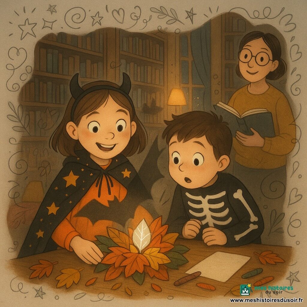 Juste, fillette de 9–10 ans en cape orange et noire à étoiles, tient un bouquet de feuilles dont la petite Feuille‑Lune argentée scintille ; Milo, garçon en squelette, la regarde ébahi en serrant sa manche ; la bibliothécaire à lunettes, en pull moutarde, tient un livre ouvert derrière la table dans une grande salle de bibliothèque en bois sombre aux étagères hautes et à la lumière chaude ; Juste pose son bouquet sur la table et la Feuille‑Lune projette sur le mur une ombre de chauve‑souris inachevée tandis que les enfants retiennent leur souffle, créant une ambiance chaleureuse, magique et légèrement mystérieuse.