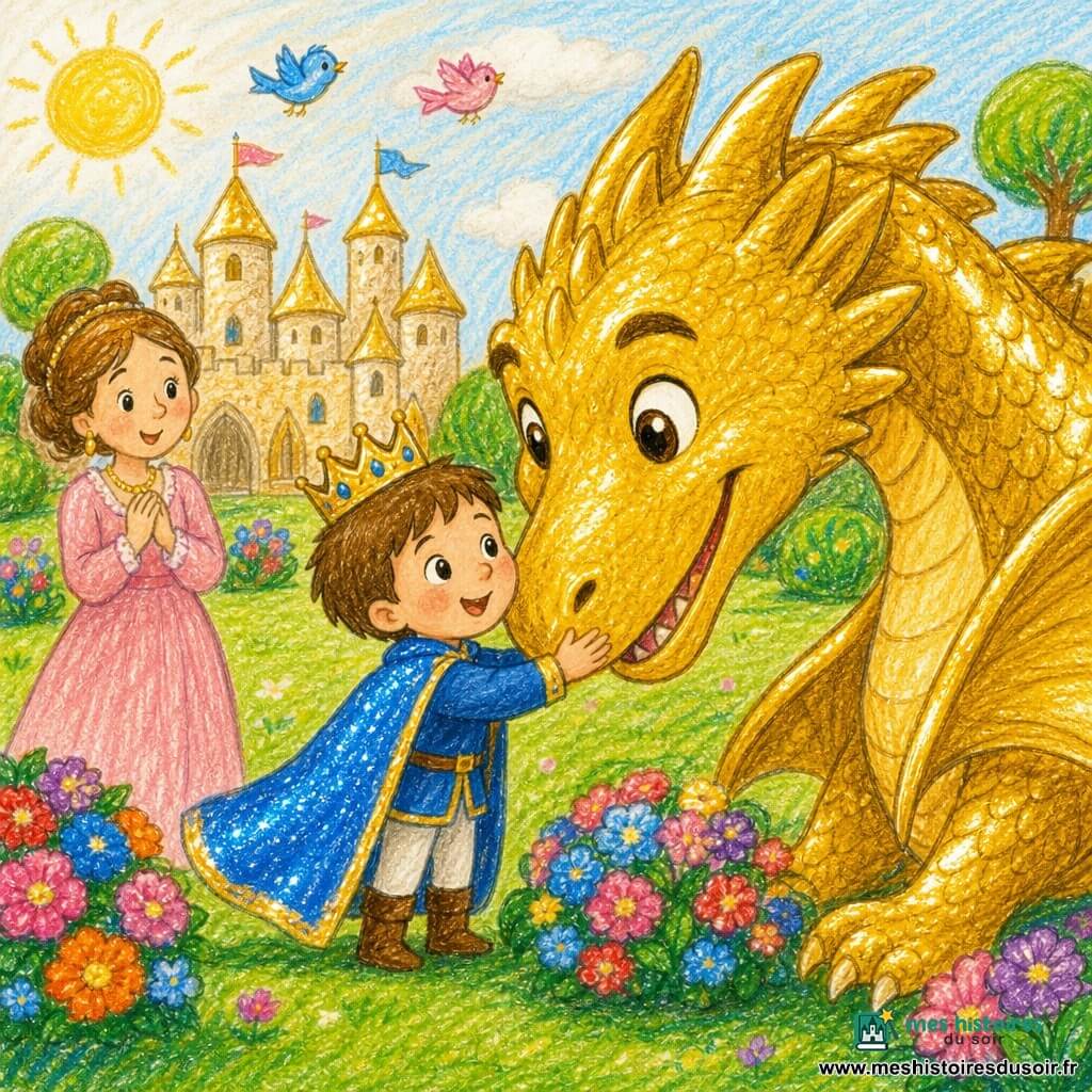 Un petit prince d'environ 5 ans, cape bleu brillant, cheveux châtains courts, visage souriant et yeux émerveillés tend la main vers le Roi Dragon, grand mâle aux écailles dorées et au regard doux qui incline la tête en signe d'affection ; la mère, en robe rose poudré, se tient en retrait à gauche, les mains serrées au cœur, heureuse ; la scène se déroule dans un jardin de château doré à pelouse verte et fleurs rondes, lumière chaude du soleil, couleurs vives, formes simples, traits de crayon épais et textures cireuses.