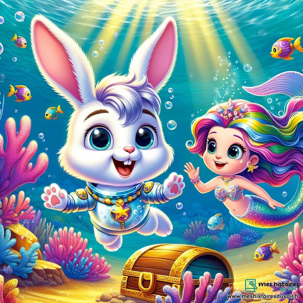 Un jeune lapin nommé Léon, aux grandes oreilles blanches et au pelage doux, nage avec enthousiasme dans des eaux cristallines, souriant d'émerveillement. Il porte un scaphandre en bulles scintillantes et explore un monde sous-marin magique. À ses côtés, une sirène nommée Marina, avec de longs cheveux ondulés aux couleurs de l'arc-en-ciel et une queue de poisson étincelante, l'observe avec bienveillance. Ils évoluent dans une clairière sous-marine ornée de coraux vibrants, tandis que des rayons de lumière créent des motifs scintillants sur le sable. Ils découvrent un coffre ancien en bois, orné de motifs dorés, entourés de créatures marines curieuses, ajoutant une touche de magie à leur aventure.