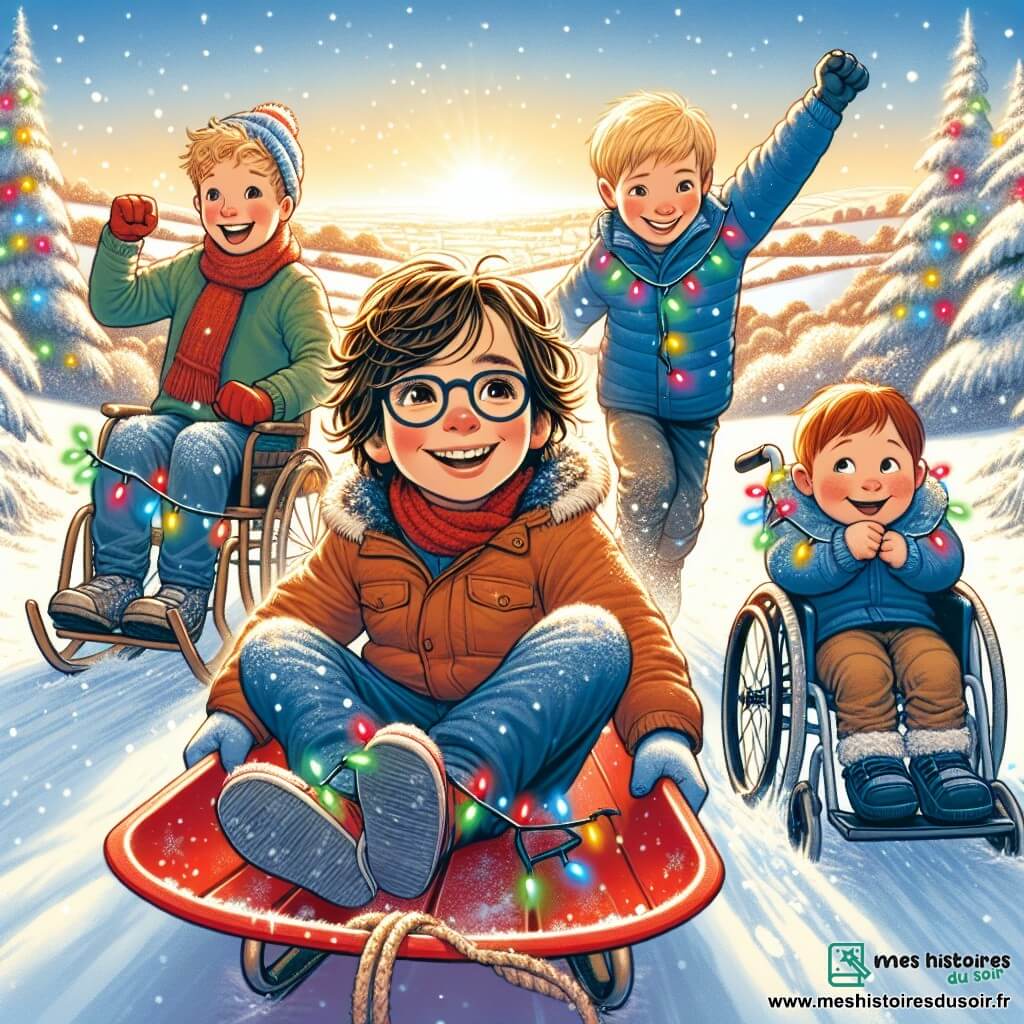 Au centre de l'image, Maxime, un garçon de 10 ans aux cheveux bruns ébouriffés, sourit en tenant un traîneau rouge. À sa gauche, Léo, un garçon de 9 ans avec des cheveux blonds et des lunettes épaisses, lève les bras, prêt à descendre la colline. À droite, Julien, un garçon de 10 ans aux cheveux châtains, s'accroupit pour ajuster son traîneau bleu. Enfin, Hugo, un garçon de 10 ans aux cheveux bruns, assis dans son fauteuil roulant décoré de guirlandes de Noël, sourit à ses amis. Le décor est une colline enneigée, baignée par la lumière dorée du soleil d'hiver, avec des arbres couverts de neige en arrière-plan. Les quatre amis sont prêts pour une course de traîneaux, leurs visages illuminés par l'excitation, tandis qu'une fresque en neige ornée de cœurs et d'étoiles se trouve à leurs pieds.
