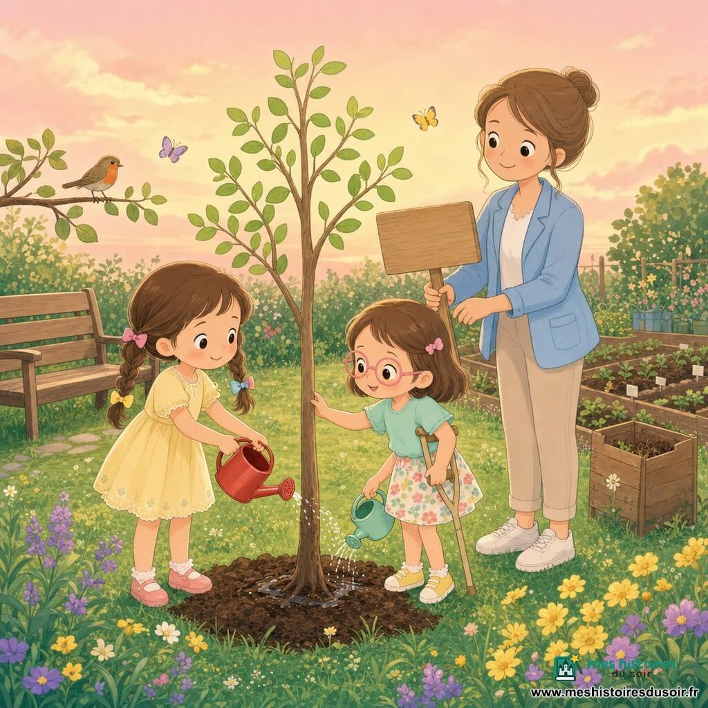 Trois personnages dans le jardin de l’école au crépuscule : Lou, fillette d’environ 5 ans aux nattes et rubans, robe jaune pâle, arrosoir rouge à la main, à gauche du tronc ; Jade, fillette d’environ 5 ans avec lunettes roses et petite béquille appuyée, t‑shirt vert menthe et jupe à fleurs, à droite du tronc, touchant le tronc et regardant Lou ; Madame Florine, enseignante aux cheveux attachés en chignon, veste bleu clair, légèrement en retrait, tenant une pancarte en bois « Ici, chacun fait un geste ». Elles plantent un jeune arbre aux feuilles vert tendre : Lou et Jade arrosent doucement les racines pendant que Madame Florine place la pancarte près du tronc. L’ambiance est chaleureuse et sereine, gestes doux, couleurs lumineuses et textures douces (terre humide, écorce lisse, feuilles fines), ciel pastel avec quelques papillons et un oiseau posé sur une branche basse.