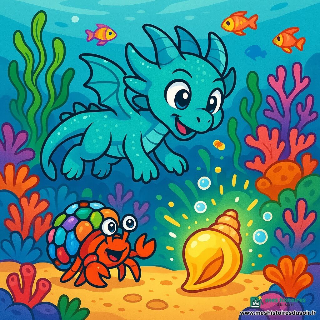Naya, une petite dragonne des récifs aux écailles turquoise, nage avec enthousiasme dans un jardin sous-marin coloré. Ses yeux expriment curiosité et détermination alors qu'elle explore les algues et les coraux. À ses côtés, Pincegrain, un bernard-l'ermite avec une coquille en verre poli, est prêt à l'aider dans sa quête. Le décor est luxuriant, rempli de coraux, d'algues et de poissons colorés. La scène montre Naya et Pincegrain découvrant une ancienne conque brillante, entourée de bulles, prêts à révéler les secrets du Jardin des Songes.