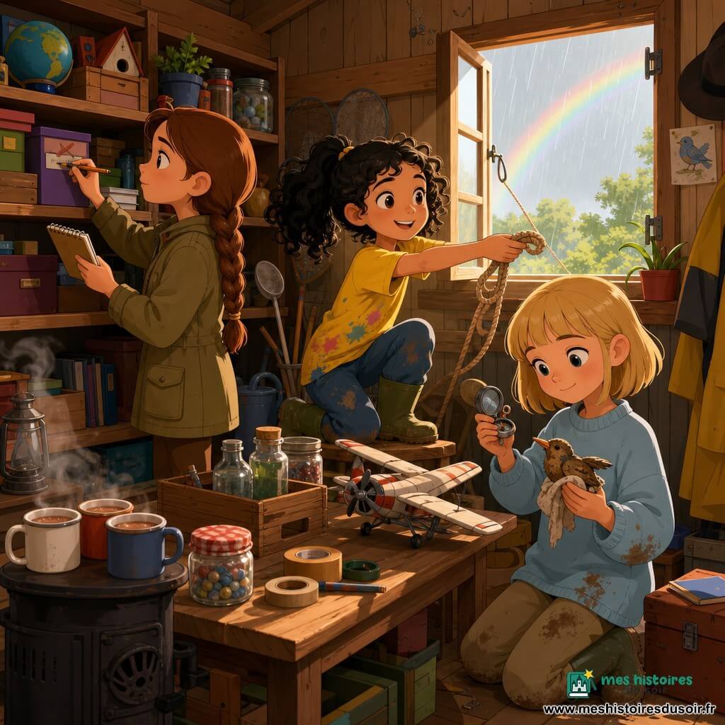Trois filles de 9 ans dans une vieille cabane de jardin transformée en salle de classe bricolée : Lila, châtain clair en tresse, veste kaki, carnet et crayon, écrit des étiquettes devant une étagère ; Maya, cheveux noirs bouclés en couettes, tee-shirt jaune éclaboussé de peinture, accroupie au centre tendant une corde vers la fenêtre haute ouverte ; Noémie, blonde courte avec frange, pull bleu pâle un peu boueux, à droite tenant une boussole en métal et un oiseau en bois ramassé dans la boue. Elles trient et réparent des objets sous une pluie légère, gestes précis, bottes éclaboussées, bocaux poussiéreux et boîtes sur une table en bois, une maquette penchée, un chocolat chaud fumant dans un coin et un arc-en-ciel discret à travers la fenêtre.