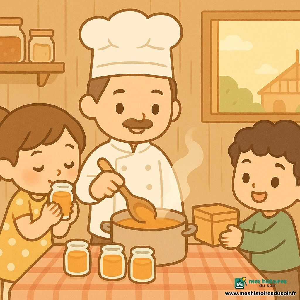 Le chef Simon, souriant et bienveillant, peau claire, cheveux châtain courts et légère moustache, porte une toque et un col blanc et, tenant une grande cuillère en bois, verse de la compote chaude dans des petits pots en verre tandis qu'une vapeur délicate monte; à gauche, Léa (environ 9 ans, queue de cheval brune, robe jaune à pois) sent un pot, mains jointes et émerveillée, et à droite, Timéo (environ 7 ans, cheveux bouclés noirs, pull vert) tend une boîte de biscuits en souriant; la petite cuisine chaleureuse aux murs en bois clair, étagère de bocaux, nappe à carreaux rouges et blancs et fenêtre ouverte sur la halle lointaine baigne dans une lumière dorée de fin d'après‑midi, évoquant un geste de partage tendre et convivial, couleurs chaudes, contrastes doux et formes arrondies.