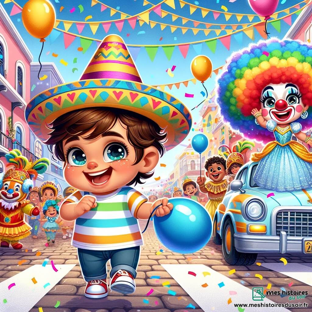 Léo, un petit garçon de 2 ans avec des cheveux bruns en bataille et de grands yeux pétillants, danse joyeusement dans la rue, un sourire aux lèvres et un ballon bleu à la main. À ses côtés, un clown joyeux d’environ 30 ans, avec un grand nez rouge et des cheveux multicolores, fait des grimaces et lance des confettis. Un peu plus loin, une princesse d’environ 10 ans, vêtue d'une robe scintillante et d'une couronne dorée, danse sur une voiture décorée et sourit à Léo, l'invitant à se joindre à elle. La rue animée est décorée de guirlandes colorées, remplie de gens joyeux et de ballons flottant dans le ciel bleu, créant une atmosphère magique et festive. Léo danse avec enthousiasme, entouré de rires et de couleurs, tandis que le clown et la princesse ajoutent à la joie du carnaval.