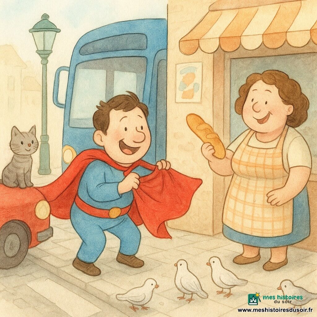 Super Lolo, homme joyeux et un peu gêné au large sourire, porte une cape rouge coincée dans la porte jaune d’un bus bleu et la tire doucement; derrière lui, la boulangère ronde et souriante d’une quarantaine d’années en tablier à carreaux tient un petit pain doré qui saute; à gauche, un chaton gris tigré perché sur le capot d’une voiture rouge regarde la scène en remuant la queue pendant que des pigeons blancs picorent près d’un banc; rue animée avec vitrine à croissants, lampadaire vert et affiches; ambiance comique et douce, formes rondes, couleurs chaudes et pastels, contours fins et touches d’aquarelle.