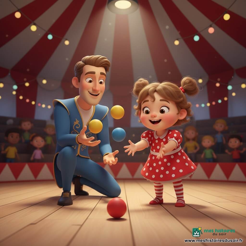 Fille de 2 ans joyeuse, cheveux bouclés châtain clair en deux couettes, robe à pois rouge et blanc et chaussettes rayées, tend les mains vers une petite balle rouge qui roule sur la piste; un jongleur d’environ 30 ans, sourire chaleureux, cheveux bruns courts, costume bleu à motifs dorés, accroupi légèrement à gauche, lance doucement une balle jaune et regarde la fillette avec bienveillance; grande tente de cirque rayée rouge et blanche, plancher en bois ciré, gradins flous avec silhouettes d’enfants et guirlandes lumineuses, projecteur doux sur la piste; scène de jeu et d’émerveillement, balles colorées en mouvement (rouge, bleu, jaune), expressions souriantes, textures lisses, couleurs vives et éclairage doux aux contrastes nets façon cel-shading.