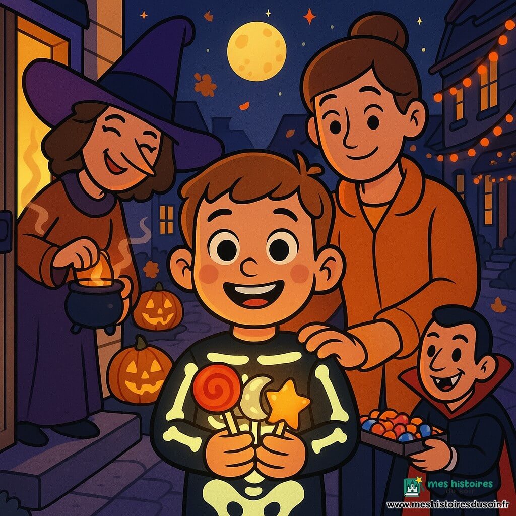 Un garçon de 6 ans souriant en déguisement de squelette phosphorescent tient trois bonbons lumineux (sucette rouge, lune argentée, étoile dorée) tandis que sa mère aux cheveux bruns en chignon, manteau orange, pose la main sur son épaule à droite; un vampire à cape rouge tend un plateau de bonbons depuis la porte illuminée devant eux et une sorcière au grand chapeau violet, assise sur le porche à gauche, tient un petit chaudron fumant; scène nocturne sur une rue pavée décorée de citrouilles sculptées allumées, guirlandes orange et violet, feuilles d'automne et pleine lune, éclairage doux contrasté avec lueurs des citrouilles et bonbons et contours en cel-shading.