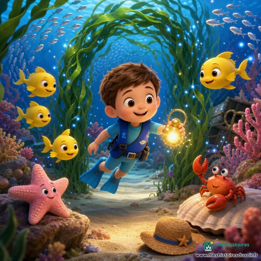 Garçon de 4 ans au visage rond et cheveux bruns courts, sourire émerveillé, en combinaison de plongée bleu clair et petit gilet bleu, tenant une lampe-jouet à lumière jaune chaude et nageant au-dessus du sable; un poisson jaune vif aux yeux malicieux le guide en tournoyant; une étoile de mer rose pâle posée sur une pierre le regarde avec gratitude; un petit crabe rouge-orange sur une coquille agite une pince, chapeau posé à côté; jardin sous-marin coloré avec algues vert émeraude ondulant comme des rubans, coraux roses et violets, bancs de petits poissons argentés en cercles et lucioles marines bleu clair; le garçon suit la danse des algues pour retrouver des objets perdus, composition centrée sur lui éclairé par sa lampe, algues formant un sentier en arc, couleurs vives, textures douces, lumière tamisée d'en haut, ambiance chaleureuse et rassurante.