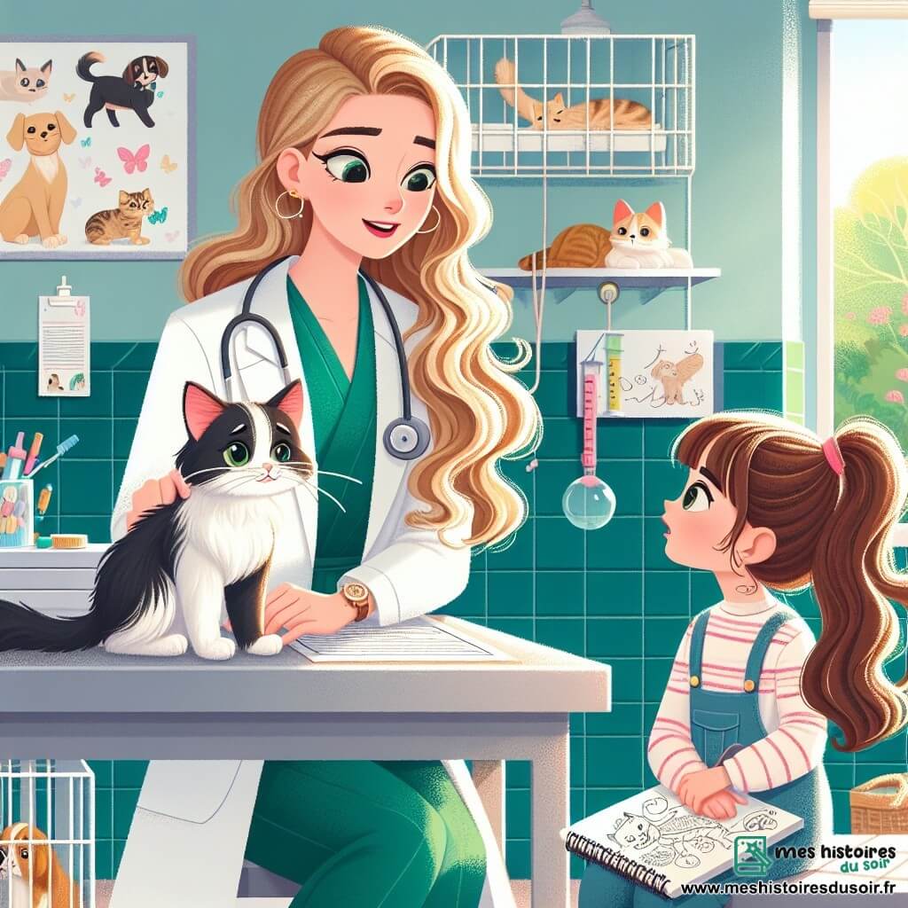 Le docteur Marie, vétérinaire souriante d'une trentaine d'années avec des cheveux blonds longs et ondulés, porte une blouse blanche et un stéthoscope. Elle examine Minet, un chat noir et blanc, qui semble inquiet mais curieux sur une table d'examen. À ses côtés, Gigi, une petite fille de huit ans aux longs cheveux bruns en couettes, observe le docteur avec des yeux pleins d'inquiétude et d'espoir, tenant un carnet de dessins d'animaux. La scène se déroule dans une clinique vétérinaire lumineuse aux murs verts pastel, ornée d'affiches colorées et de jouets pour animaux. Le docteur rassure Gigi tout en s'occupant de Minet, créant un moment d'apprentissage et de tendresse.