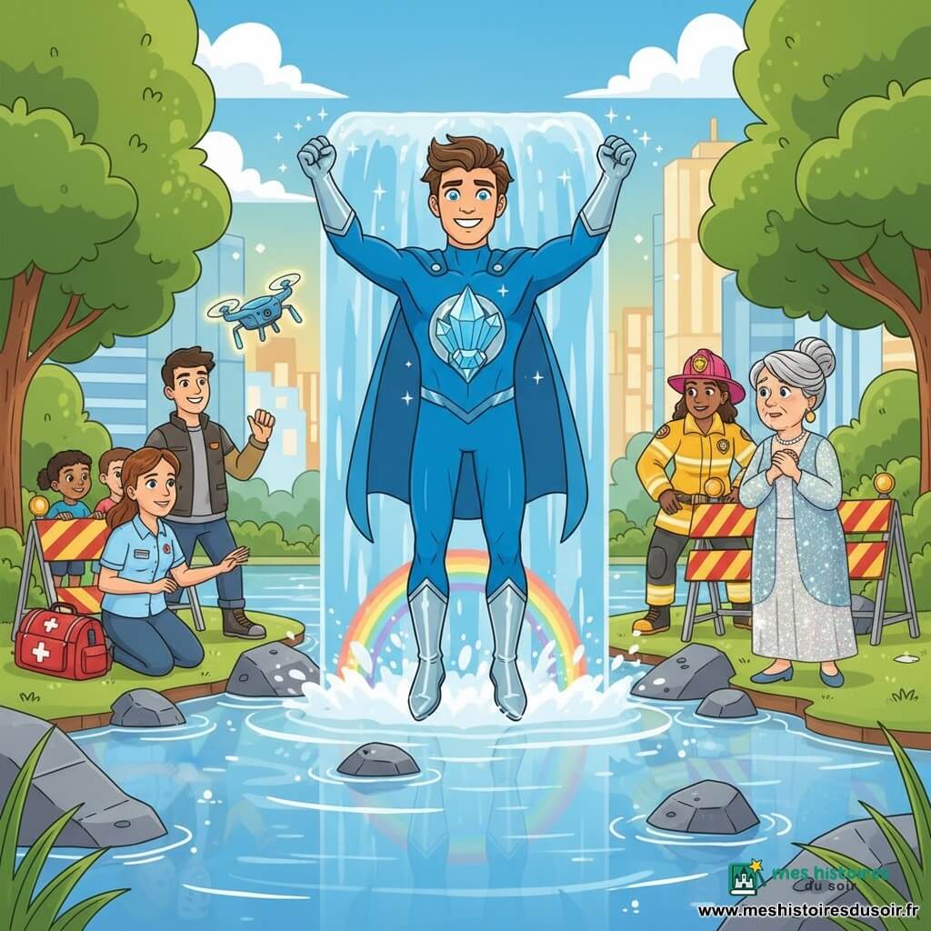 Un homme — l’Éclair d’Azur — apparaît courageux et soulagé, sourire aux lèvres, yeux bleu électrique, costume bleu ajusté, bottes argentées, cape flottante, cheveux bruns en bataille, tenant un cristal lumineux bleu en émergeant d’une cascade cristalline; la Dame Cristaline, ~60 ans, émue et reconnaissante, robe scintillante pâle, cheveux gris en chignon, se tient sur la berge à droite, mains contre la poitrine serrant le cristal; Lara, 30–35 ans, au visage calme, tenue médicale avec sac de secours rouge, est à gauche à genoux près d’enfants protégés derrière une barrière en regardant l’Éclair d’Azur; Hugo, ~25 ans, jeune pilote souriant en veste technique avec lunettes, fait voler deux petits drones lumineux au-dessus de la scène derrière Lara; Zoé, ~35 ans, pompier énergique en casque rose fluo et veste jaune à bandes réfléchissantes, installe des barrières de sécurité à droite derrière la Dame Cristaline; décor : parc urbain au bord d’un fleuve à chutes cristallines, eau transparente reflétant des arcs‑en‑ciel, rochers scintillants comme du verre, arbres verts vifs, gratte‑ciel lumineux au loin sous un ciel bleu doré; scène principale : l’Éclair d’Azur sort triomphant de la cascade avec le cristal étincelant, l’équipe rassemblée sur les rives, ambiance lumineuse, dynamique, couleurs vives, style vectoriel simple et joyeux, lisible pour enfants.