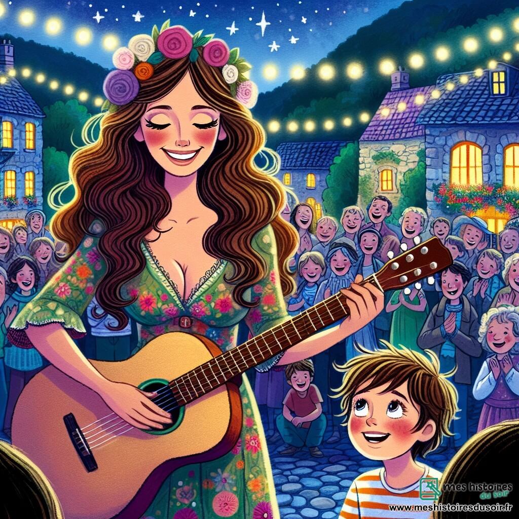 Élisa Verdier, une femme d'une trentaine d'années avec de longs cheveux ondulés et une robe colorée, se tient sur une scène en plein air, souriante et excitée, prête à chanter devant un public enthousiaste. À ses côtés, Tom, un garçon de dix ans avec des cheveux ébouriffés et un t-shirt à rayures, admire la scène en tenant une guitare trop grande pour lui. La scène se déroule sur une place de village illuminée par des guirlandes, entourée de maisons en pierre et de jardins fleuris, où les habitants applaudissent et sourient, créant une atmosphère de fête. Élisa et Tom chantent ensemble, leurs voix s'élevant dans l'air doux du soir, tandis que le public se laisse emporter par la magie de la musique, formant un moment de partage et de bonheur collectif.