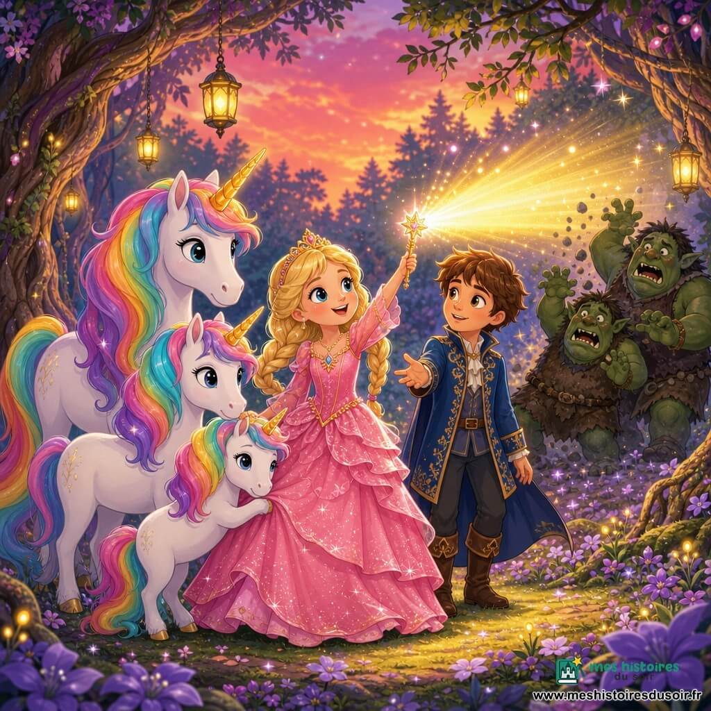 La princesse au centre, courageuse et souriante, cheveux blonds en tresses, robe rose à volants, lève une baguette qui projette un rayon de lumière dorée; le prince Émeric (environ 12 ans), châtains courts, veste bleue brodée, se tient protecteur derrière elle la main tendue; trois licornes blanches aux crinières arc‑en‑ciel se rassemblent près d'eux, une jeune appuyée contre la robe; deux trolls verts, sombres et maladroits, sont repoussés par la lumière; la clairière de forêt enchantée, sol de fleurs violettes et mousse, arbres aux troncs torsadés et lanternes, ciel crépusculaire rose‑orangé; scène rassurante et magique, style illustration vectorielle simple, couleurs vives, contours nets, textures douces pour album jeunesse.