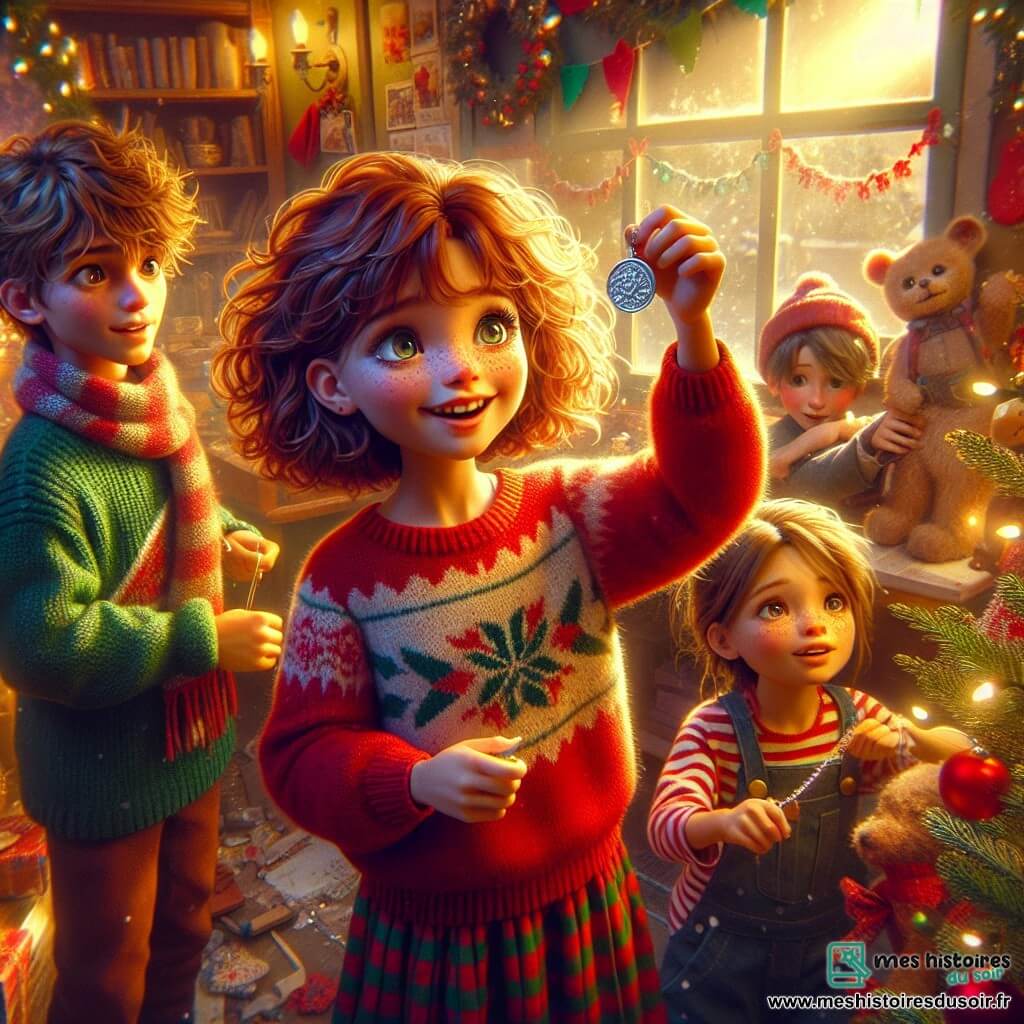 Céline, une fille de 11 ans aux cheveux châtains bouclés et aux yeux pétillants, se tient au centre de la scène avec un grand sourire. Elle porte un pull rouge à motifs de flocons de neige et un bonnet en laine, tenant un médaillon en argent. À ses côtés, Tom, un garçon de 11 ans au sourire malicieux et aux cheveux bruns en bataille, rit en tenant une guirlande colorée. Il porte un pull vert et une écharpe rayée. Derrière eux, Sophie, une petite fille de 10 ans aux cheveux blonds et aux taches de rousseur, observe avec impatience, les bras croisés, portant une robe à carreaux et des collants rouges. La scène se déroule dans un orphelinat chaleureux, décoré pour Noël, avec un grand sapin illuminé. Céline et ses amis préparent une fête de Noël, remplie de rires et de chants, créant une atmosphère magique.