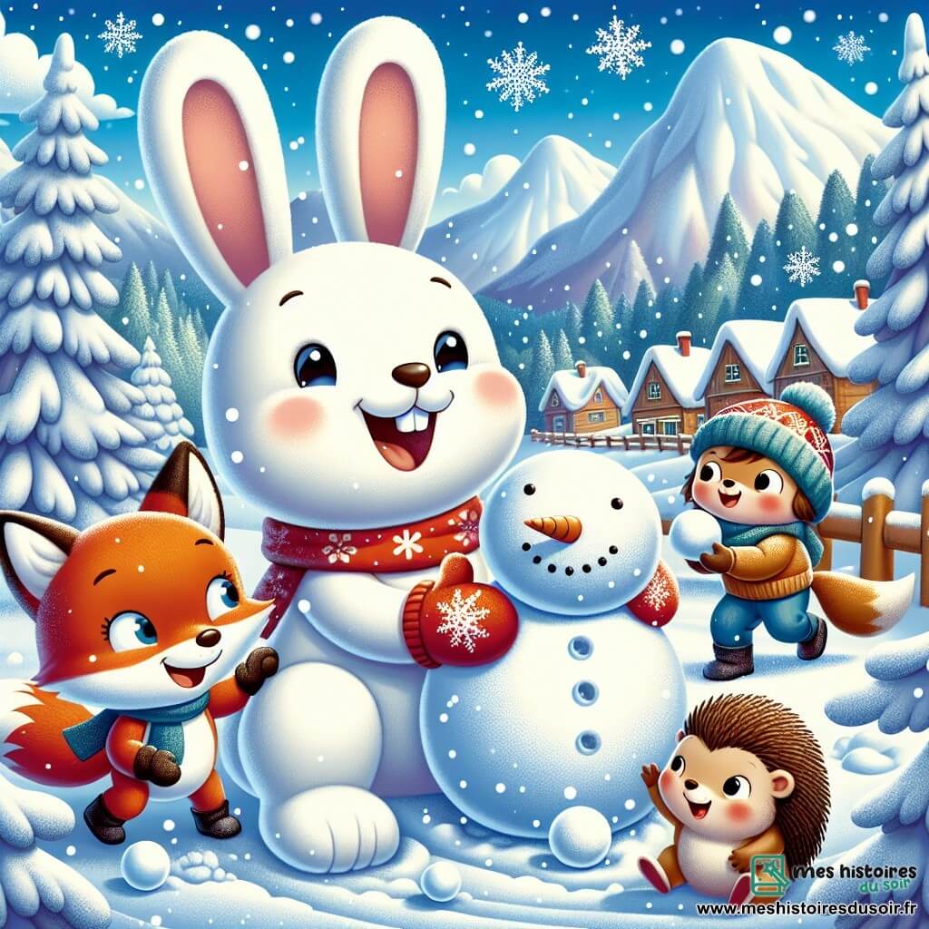 Lucas, un petit lapin blanc aux grandes oreilles et au sourire joyeux, construit un bonhomme de neige, ses gants rouges ornés de flocons accrochés à son cou. À ses côtés, Mia la renarde au pelage roux rit en lançant une boule de neige, tandis que Tim le hérisson, concentré, roule une boule de neige plus grosse. La scène se déroule dans un village enneigé, entouré de montagnes majestueuses sous un ciel bleu clair et des sapins chargés de neige scintillante. Les amis s'amusent ensemble, créant un bonhomme de neige géant, avec des flocons tombant doucement autour d'eux.