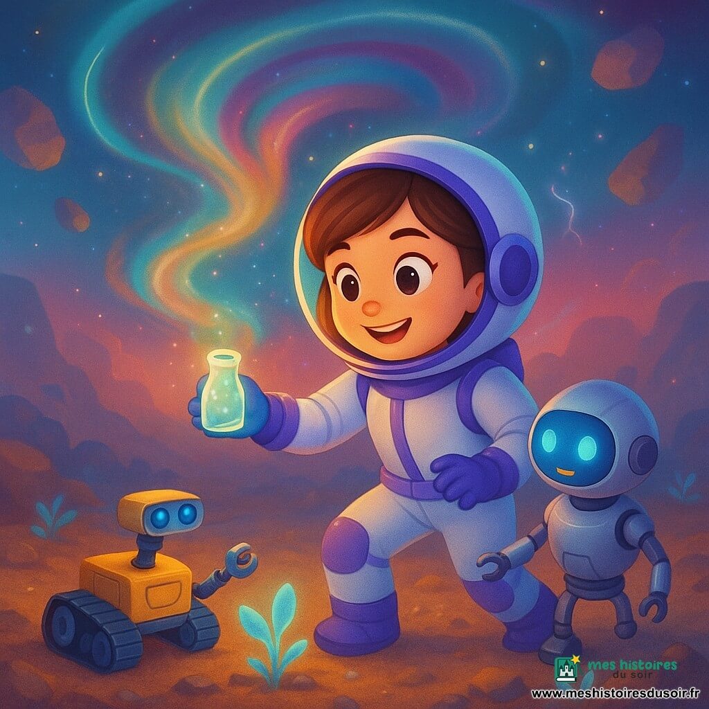 Lila, jeune femme enthousiaste au visage souriant et coiffure courte châtain, porte une combinaison spatiale blanche et violette réfléchissante; gantée, elle tend la main pour prélever un échantillon brillant dans un petit flacon lumineux au bord d'un puits de carburant inertiel — un vortex vertical de nuages turquoise, magenta et or avec filaments lumineux, rochers flottants et micro-éclairs; à sa droite, un petit robot rond métallique clignotant bleu et orange sur trois roues tend un bras miniature; devant elle, un mini-rover jaune et gris à chenilles prélève des plantes luminescentes; sol rocheux parsemé de plantes translucides, éclairage doux venant des nuages et reflets métalliques; composition centrée sur Lila avec plans rapprochés des mains et du flacon, arrière-plan profond avec vortex et étoiles; style enfantin, formes rondes, couleurs saturées et textures lisses.