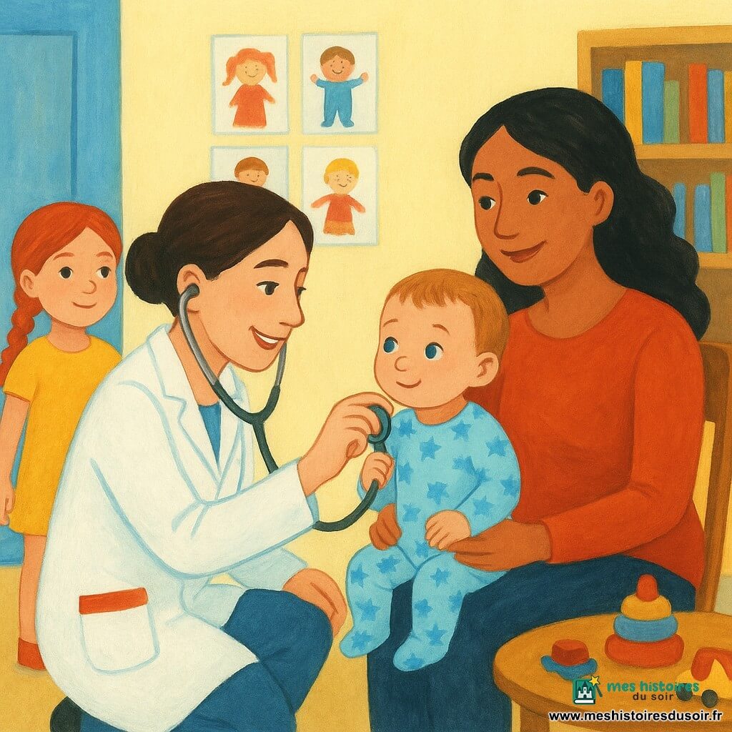 Une médecin souriante à la peau claire, cheveux bruns en chignon, en blouse blanche aux poches colorées, accroupie devant un bébé d'environ 1 an (Adam) aux cheveux châtain clair, assis sur les genoux de sa maman, tient un stéthoscope et tend l'écouteur pendant que le bébé écoute son cœur. La maman, environ 30 ans, peau mate, cheveux noirs lâchés, assise derrière lui, le maintient et regarde la docteure avec un sourire rassuré. À gauche, une petite fille d'environ 5 ans (Maëlle) avec une tresse rouge et un pansement au genou se tient près de la porte, tenant la main de son père hors champ, regard fier et curieux. Scène dans une salle d'attente de PMI lumineuse aux murs pastel, affiches d'enfants en mosaïque, petite table avec jouets en bois et étagères de livres ; ambiance chaleureuse et rassurante, lumière matinale douce, textures peintes et couleurs gaies.