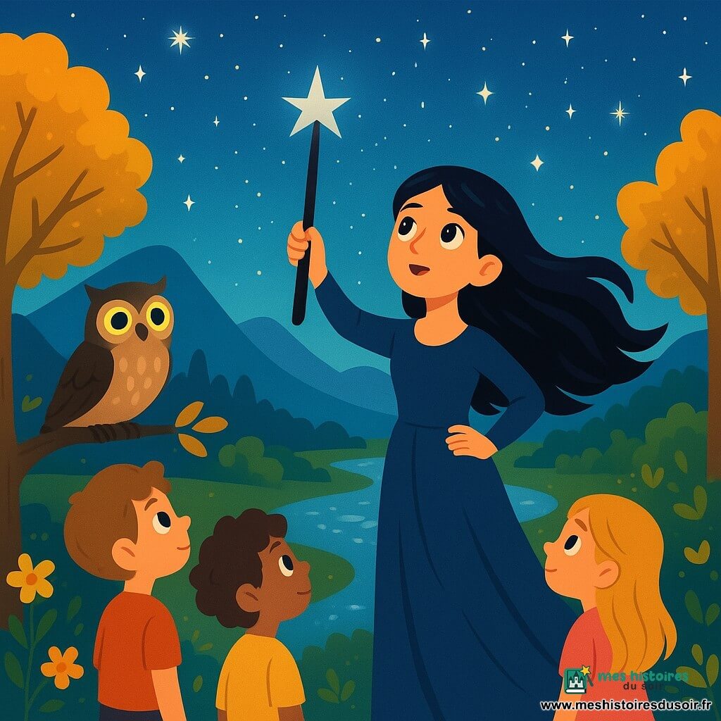 Une femme nommée Lune, dans la trentaine, se tient au bord d'un fleuve scintillant, ses longs cheveux noirs flottant dans le vent. Elle lève un sceptre en bois noir orné d'une étoile d'argent vers le ciel nocturne, avec un regard émerveillé. À ses côtés, une chouette aux yeux dorés l'observe, prête à la guider. Un groupe d'enfants de 6 à 8 ans, fascinés, écoute attentivement Lune. Le décor est une vallée enchantée entourée de montagnes, avec un ciel étoilé et un fleuve aux reflets argentés. Lune invoque les souvenirs perdus de son peuple, et les étoiles semblent répondre à son appel, illuminant la nuit. Les enfants se rapprochent, prêts à écouter les histoires à venir.