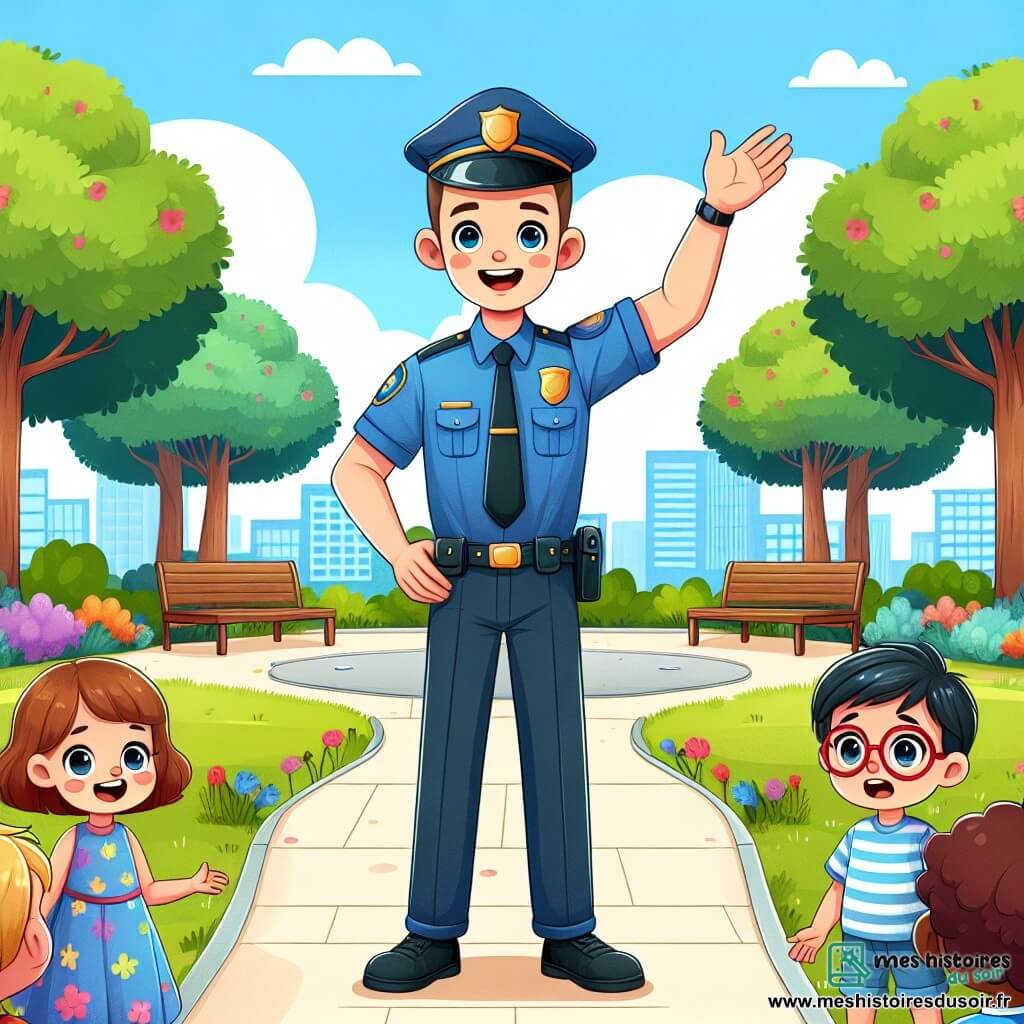 Monsieur Léon est un policier joyeux, grand, avec un large sourire et une casquette bleue. Il porte un uniforme bleu impeccable et se tient dans un parc, les bras ouverts, prêt à partager son enthousiasme avec les enfants. Ses yeux pétillent de bonheur. Un groupe d'enfants l'entoure, dont une petite fille aux cheveux frisés, âgée d'environ 7 ans, qui porte une robe colorée et sourit avec émerveillement, et un petit garçon aux lunettes rouges, âgé de 8 ans, qui l'écoute attentivement. Le parc est verdoyant, avec des arbres majestueux et des fleurs colorées, sous un ciel bleu parsemé de nuages. Monsieur Léon explique aux enfants l'importance de son métier, les encourageant à poser des questions sur la justice et l'entraide. L'atmosphère est joyeuse et pleine d'énergie.