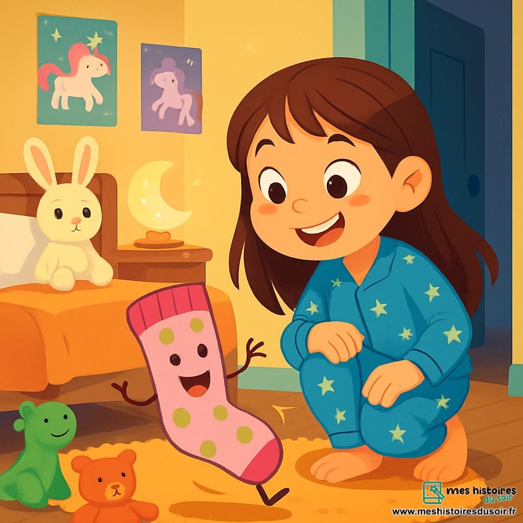 Zoé, une fille de 8 ans aux longs cheveux bruns et aux yeux curieux, est accroupie près de son lit avec un grand sourire, ses joues rosies par l'excitation. Elle porte un pyjama bleu à étoiles et tient une chaussette rose à pois verts qui danse joyeusement devant elle. La chaussette, souriante et animée, effectue des pirouettes sur le sol en bois, entourée de peluches colorées, dont un doudou lapin aux grandes oreilles blanches qui l'observe. La chambre de Zoé est chaleureuse, avec des murs jaunes pastel, des posters de licornes et des jouets sur le tapis moelleux, éclairée par une lampe en forme de lune. La scène montre Zoé et la chaussette dans une danse joyeuse, tandis qu'un bruit mystérieux résonne dans le couloir, ajoutant du suspense.