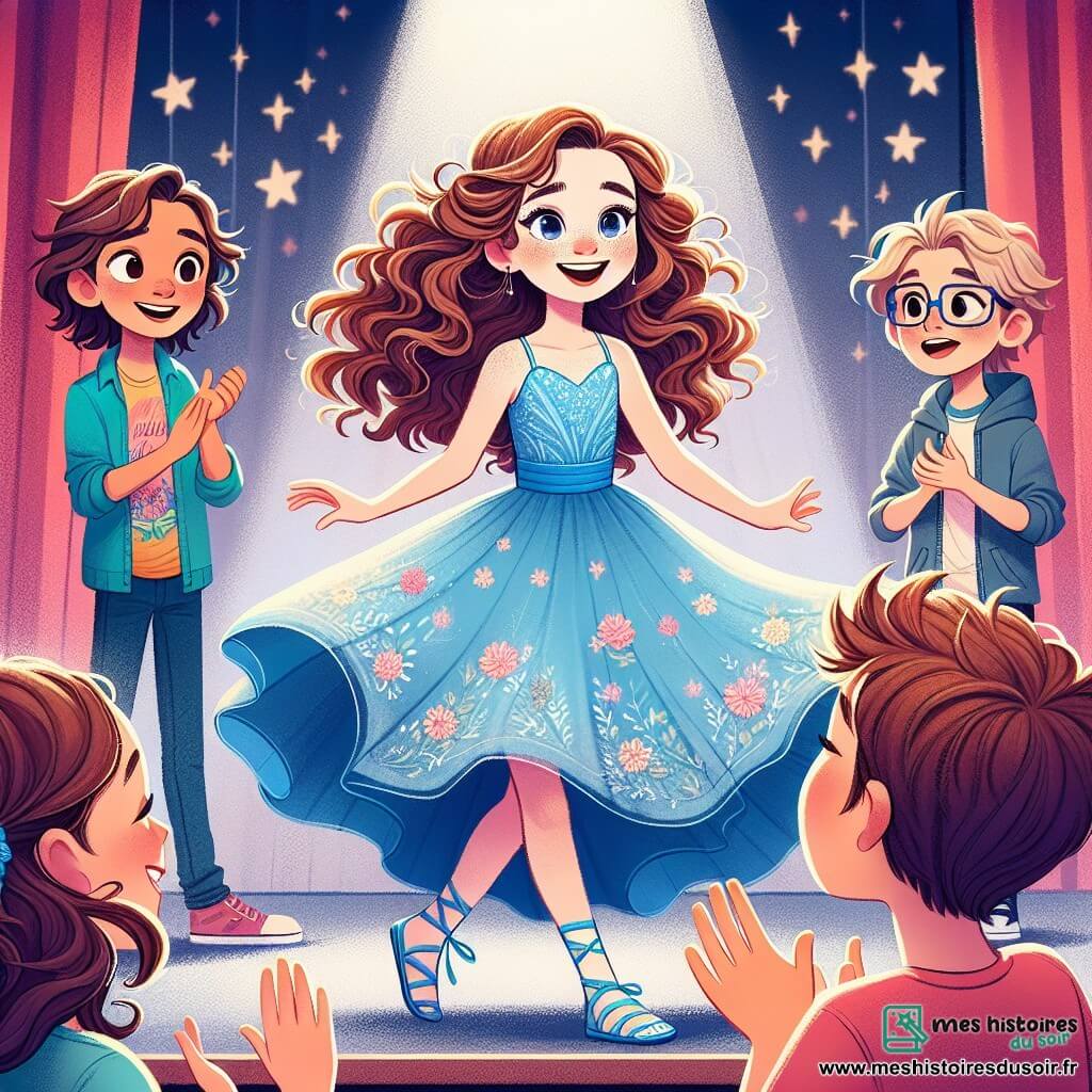 Célia, une fille de 12 ans, se tient sur scène, rayonnante dans sa jolie robe bleue. Ses cheveux châtains bouclés flottent tandis qu'elle danse avec grâce, un grand sourire aux lèvres. À proximité, Mia, également âgée de 12 ans, applaudit avec enthousiasme, vêtue d'un t-shirt coloré et d'un pantalon confortable. Lucas, un garçon de 12 ans aux lunettes et cheveux en bataille, se tient derrière elle, souriant et levant les pouces en signe d'encouragement. La scène se déroule dans une salle de spectacle animée, avec des lumières vives et des rideaux rouges, où le public applaudit joyeusement. Célia danse avec passion, surmontant ses doutes, dans un moment de triomphe et de confiance en soi.