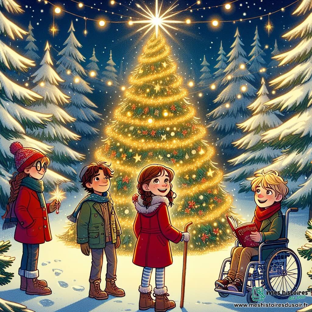 Dans une clairière enchantée, quatre amis se tiennent devant un majestueux sapin de Noël. Émilie, douze ans, admire le sapin illuminé en portant un manteau rouge. Lucas, également douze ans, sourit en tenant un bâton de neige. Clara, avec ses lunettes rondes et ses cheveux châtains tressés, feuillette un livre de contes de Noël. Hugo, assis dans son fauteuil roulant décoré de guirlandes, sourit joyeusement. Le sapin est recouvert de neige et de guirlandes lumineuses, tandis que la forêt environnante crée une atmosphère magique. Ensemble, les enfants sont déterminés à découvrir la magie de Noël et à affronter l'Ombre de l'Hiver pour sauver la fête.