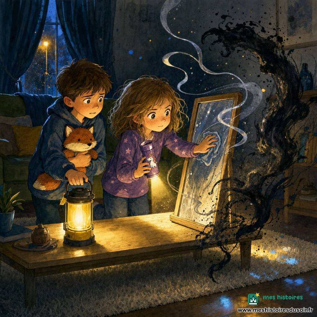 Une fillette de 8 ans, visage rond et taches de rousseur, cheveux châtain clair en bataille, yeux brillants, tient une petite lampe licorne et frotte un miroir avec un chiffon humide tandis que son frère Noé, 9 ans, cheveux bruns courts, inquiet mais courageux, serre un doudou-renard et pose une lampe de camping jaune sur la table; des « Murmures » apparaissent comme fines bandes argentées et filaments de brume sombre frémissant près du miroir et glissant vers sa surface; salon nocturne sobre — tapis crème, canapé vert olive, grand miroir encadré près de l’entrée, rideaux foncés laissant filtrer une lueur de rue — atmosphère mystérieuse mais rassurante, forts contrastes d’encre noire et taches chaudes de jaune.