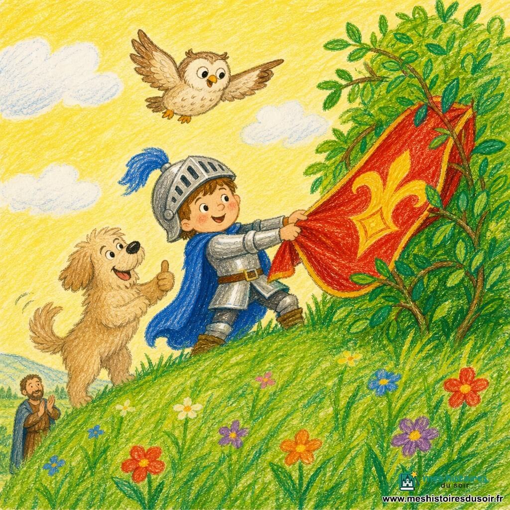 Petit chevalier d'environ 6 ans au visage rond et cheveux bruns, casque un peu grand et cape bleue flottante, sourire fier tirant doucement une grande bannière rouge accrochée dans un buisson ; à sa gauche un chien beige pelucheux remuant la queue, une petite chouette crème tachetée volant juste au-dessus pour indiquer le chemin ; au loin en bas de la colline, le roi d'une quarantaine d'années en robe simple applaudit doucement ; sommet d'une colline verte à herbe haute et fleurs éparses, ciel jaune pâle parsemé de nuages, bannière rouge avec motif jaune coincée dans un buisson aux branches amicales, ambiance calme et joyeuse, lumière douce, couleurs vives, traits de crayon visibles et texture papier.