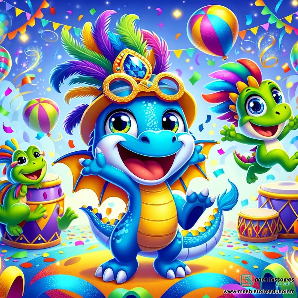 Pipo, un petit dragon bleu à la grande queue douce et aux ailes brillantes, saute joyeusement au milieu d'une foule colorée, son visage rayonnant de bonheur. Il porte un chapeau à plumes et des lunettes rondes rouges, et tape des mains en riant. À ses côtés, Zaza, une grenouille verte avec un masque doré et une cape bleue, saute haut, sourire éclatant. Loulou, un lézard orange, danse avec entrain, ses yeux pétillants de gaieté. L'île vibrante est décorée de guirlandes colorées, de tambours brillants et de confettis. Des ballons flottent au-dessus de la scène festive, et des étoiles scintillent dans le ciel. Pipo et ses amis dansent et célèbrent ensemble au carnaval, créant une atmosphère joyeuse et magique.